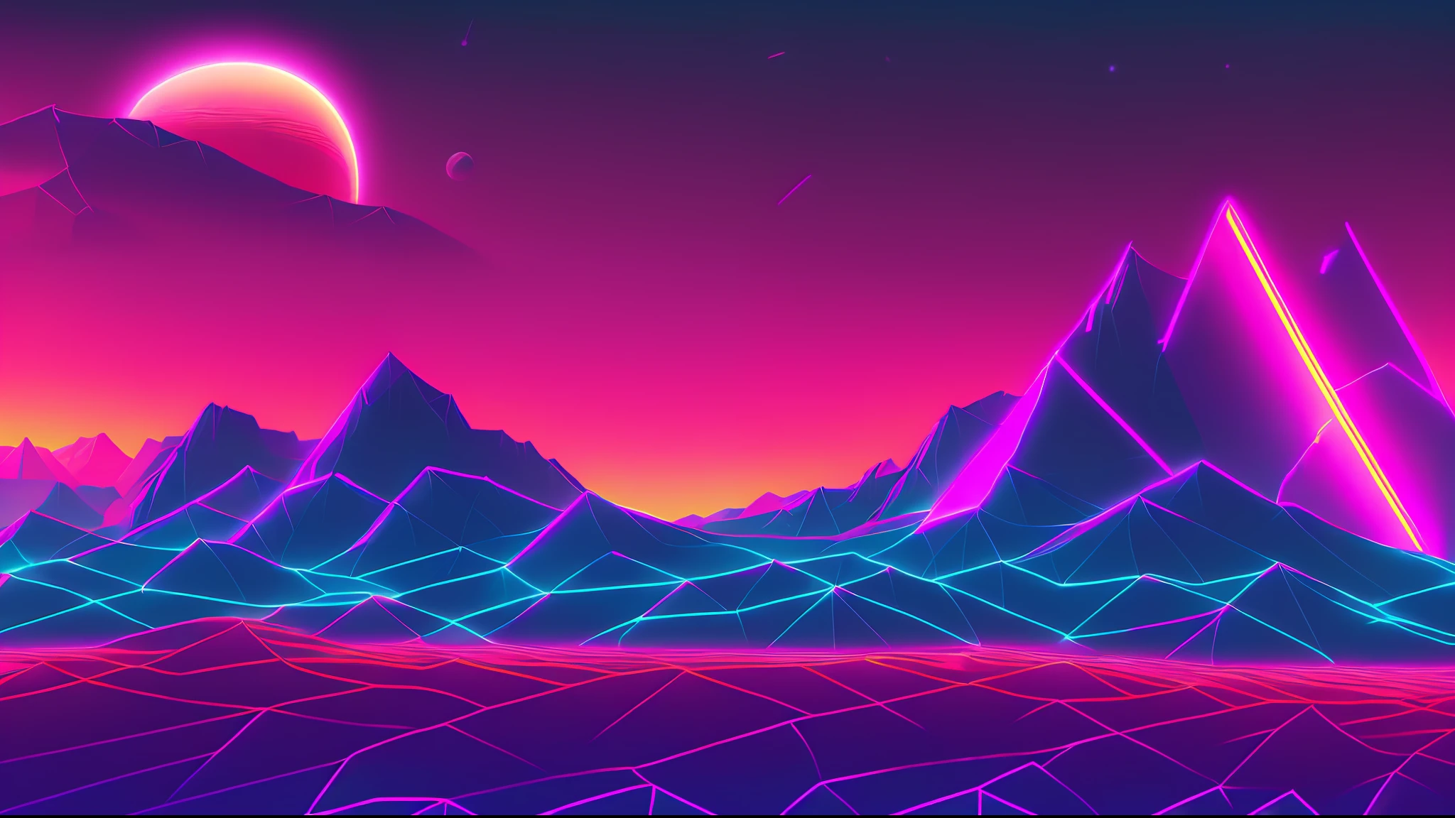 neon swip lines for wireframe, (dark colors: 1.2) with (polygonal mountain lines: 1.2) in background, (saturn with ring behind mountain: 1.2), snthwve style wallpaper