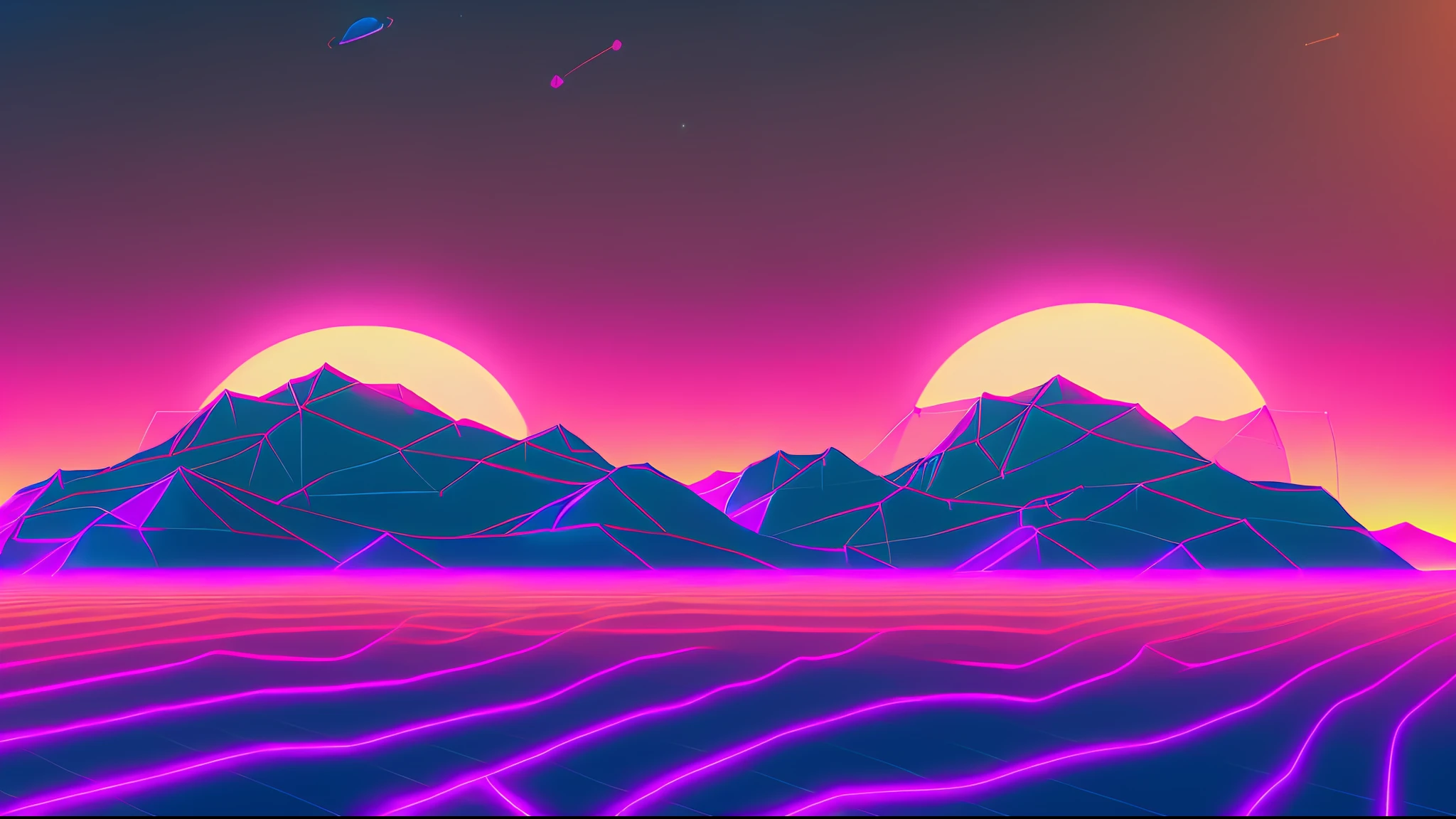 neon swip lines for wireframe, (dark colors: 1.2) with (polygonal mountain lines: 1.2) in background, (saturn with ring behind mountain: 1.2), snthwve style wallpaper