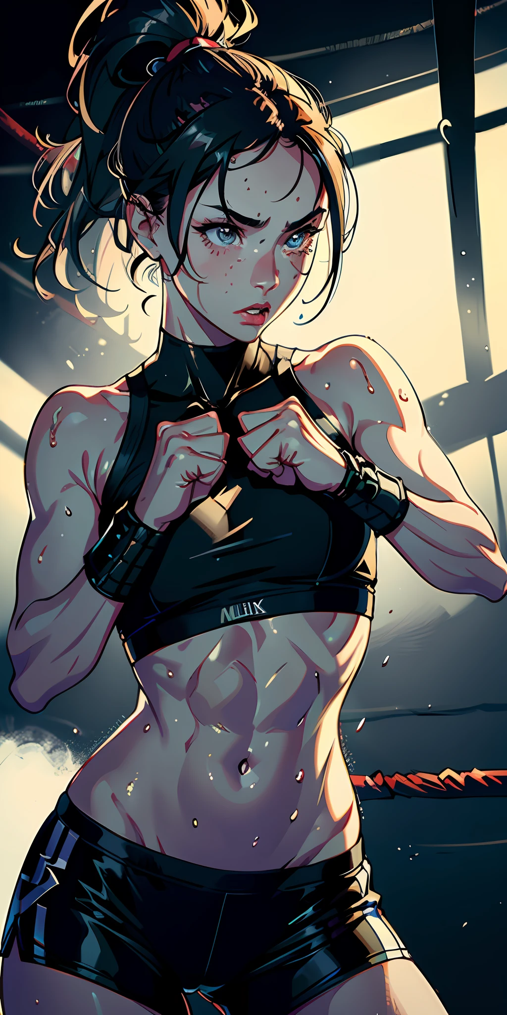 (original) , (very detailed wallpaper) , (best quality) , (masterpiece) , photographic reality, realistic, very detailed illustrations, (1 girl) , beautiful eyes, (delicate face) , perfect detail, (best lighting) , (super complex details) , 
 (boxing girl) , (aggressive punching) , sweat, heavy breathing, (oppressive attack) , (boxing ring) , athletic shorts, perfect detail, perfect fingers, perfect limbs, impact, (shiny skin) , abs, muscles, waistline,boxing shorts, fist fight, black hair, high ponytail, very long hair, 
4K unified, (super detailed CG: 1.2) , (8K: 1.2) , realistic, octane rendering