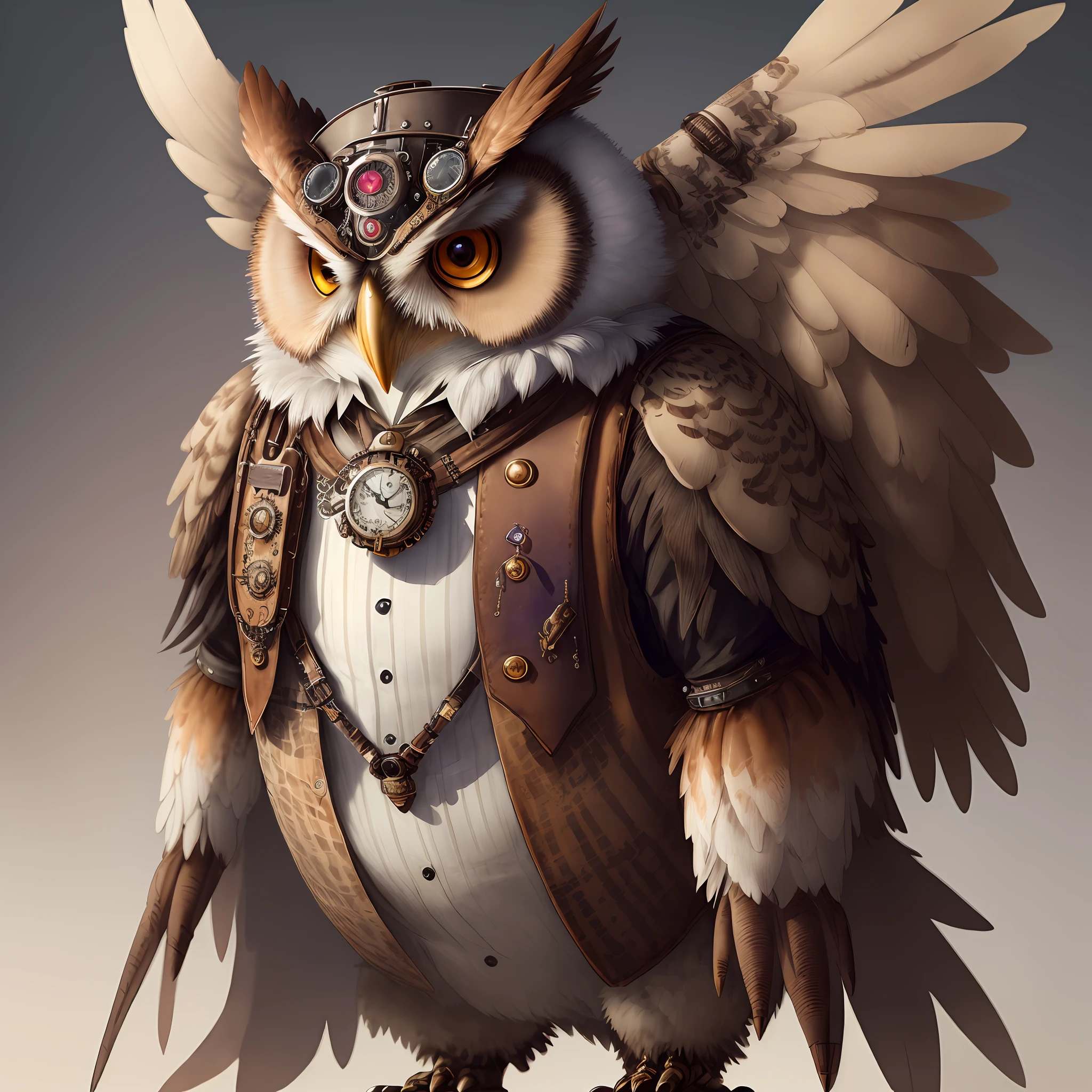 anthro, Award winning ultra realistic Full body watercolor painting of an (((Anthropomorphic))) evil ((steampunk)) owl, 10k high resolution, ink drips, Perfect skin, perfect hands, sss, high quality macro photo, none,
