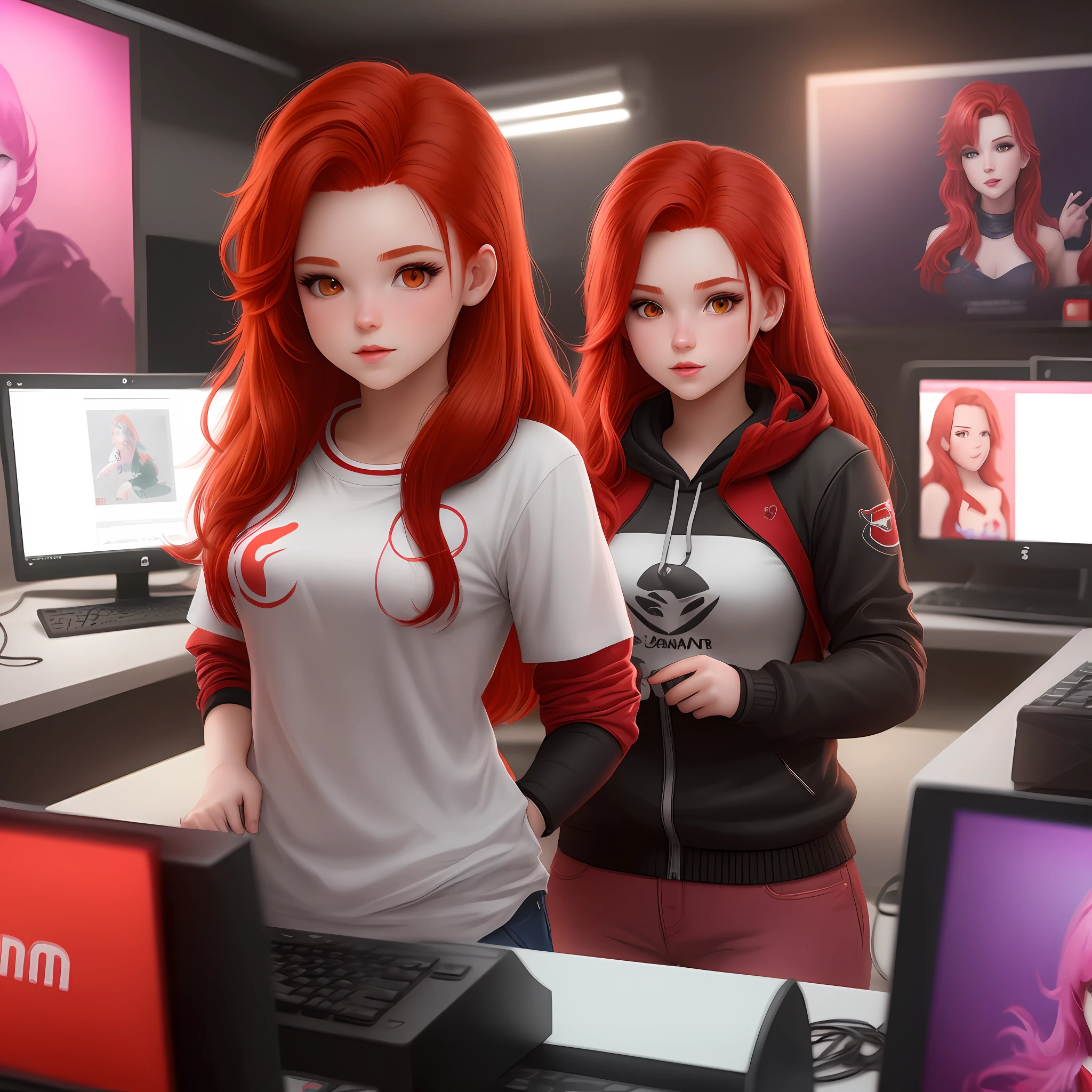 Create a female teen character with red hair on the computer