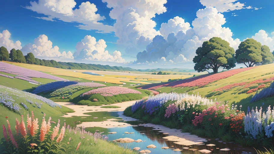 Realistic, authentic, beautiful and amazing landscape oil painting Studio Ghibli Hayao Miyazaki's petal grassland with blue sky and white clouds --v6