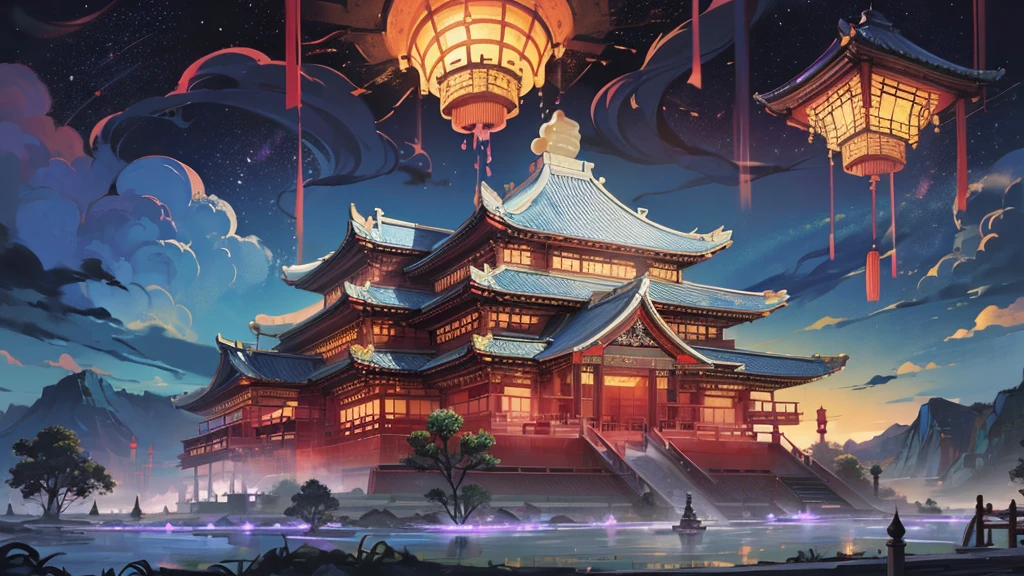 The game scene, the ancient Chinese palace is located above the clouds, Nantianmen, surrounded by clouds and mist, majestic, glazed tiles, Buddha statues, colorful rays of light, ((color ink)),((splash ink)),( (splash ink) ink) ink}) ), masterpiece, high quality, beautiful graphics, high detail --v 6