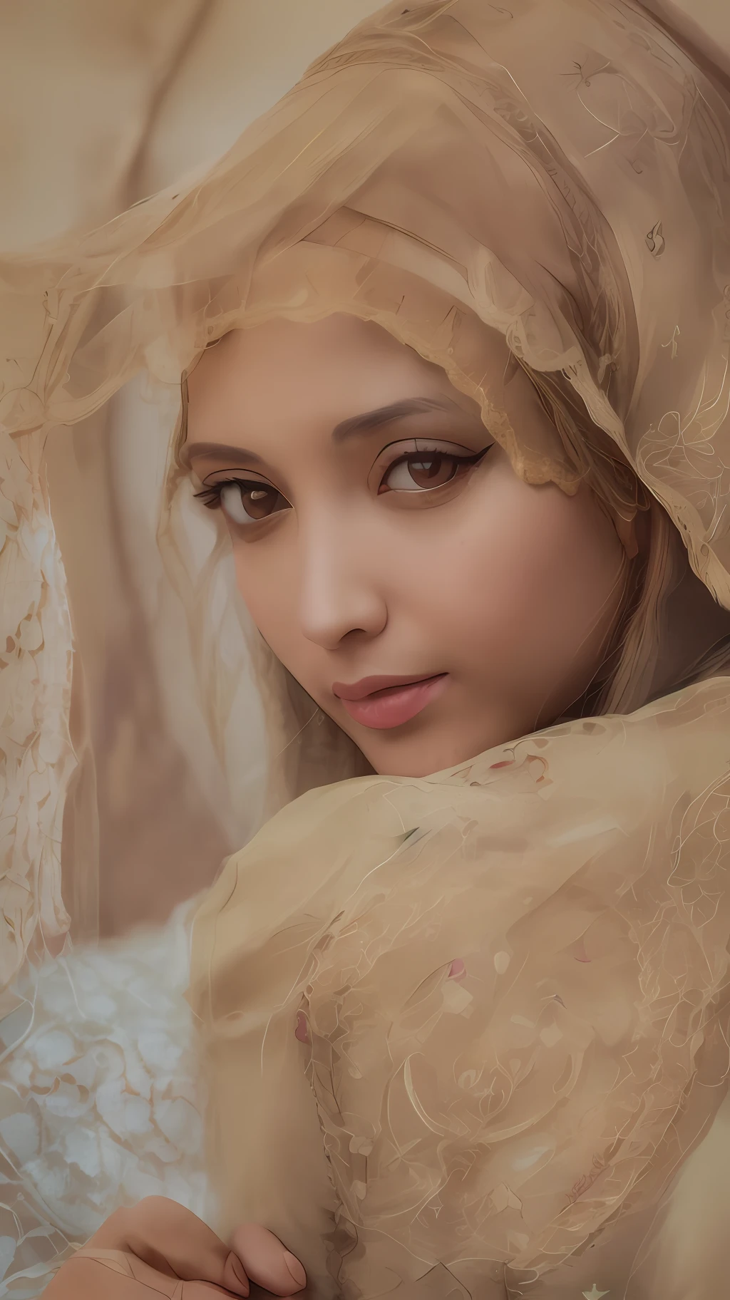 embroidery, full color studio portrait of moroccan woman, wearing Beige (embroidery caftan:1.25), 80mm, f1/.8, hasselblad, vogue, dof, bokeh, depth of field, headshot, closeup, close up