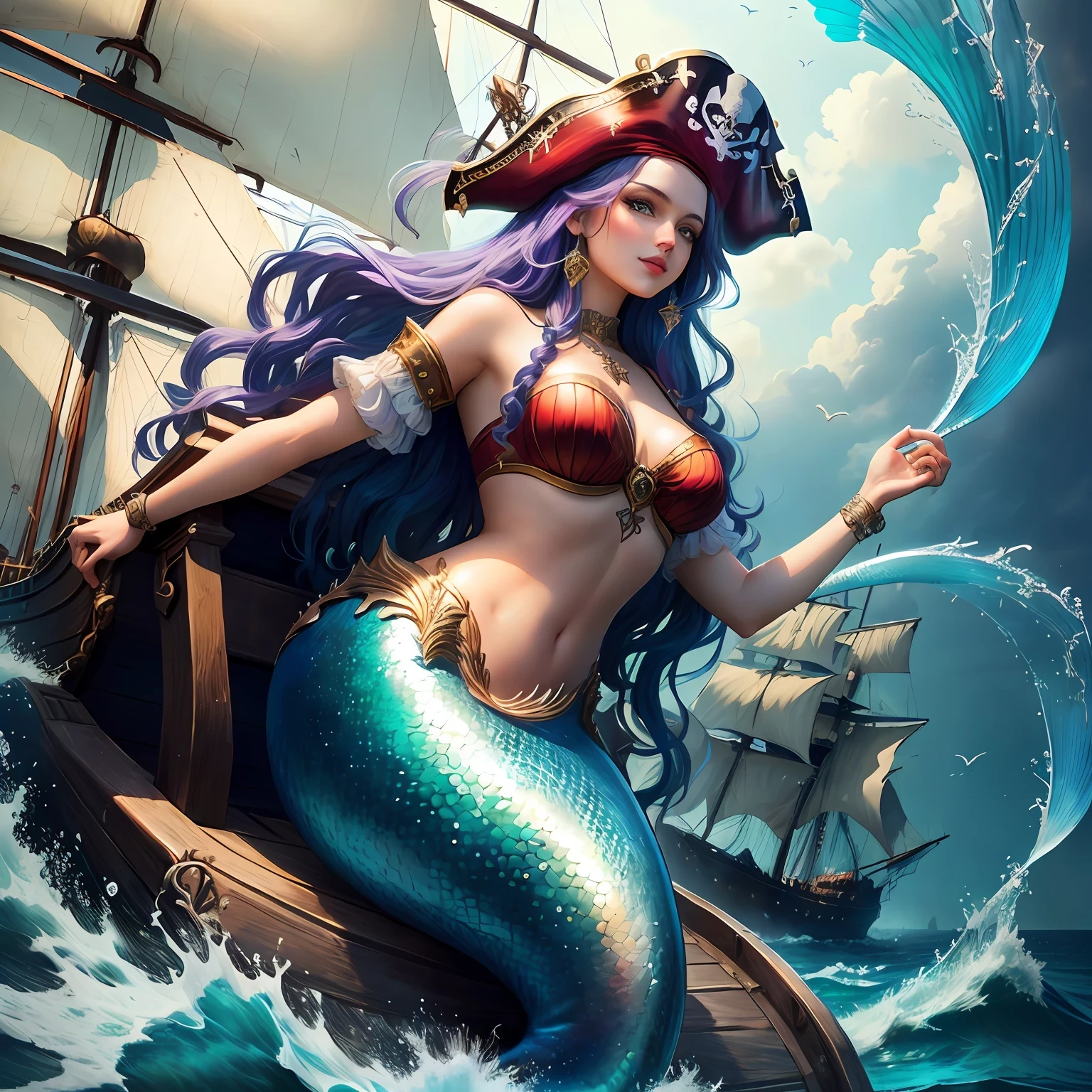 beautiful mermaid and a pirate ship