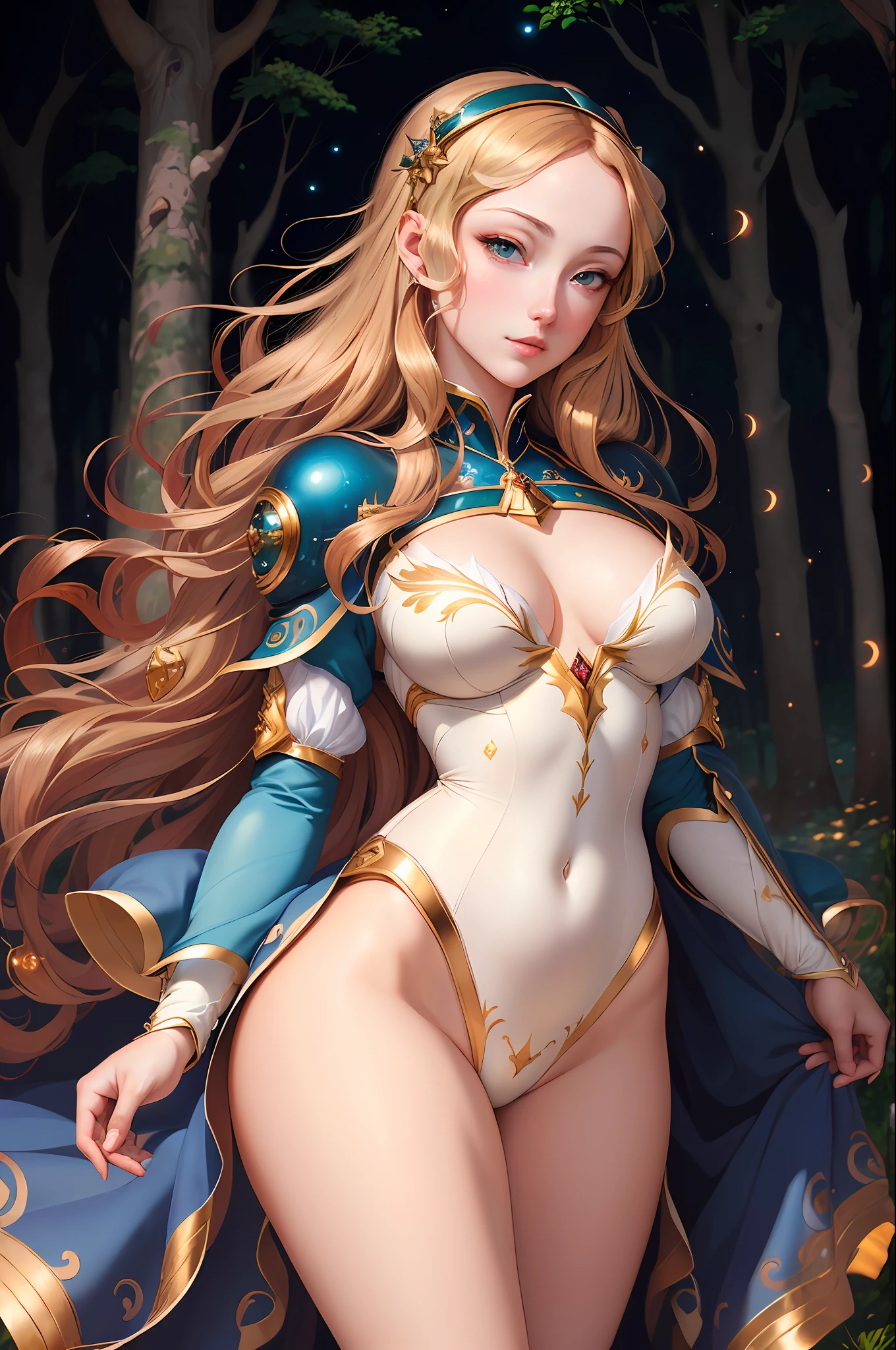 ((best quality)), ((masterpiece)), (detailed), a beautiful girl with big sparkling pearly blue eyes, ((16k high resolution)) ((artgerm lau anime style)) ((Sandro Botticelli)) , ((Wlop)) forest background with glowing fireflies, neutral dark harsh linear lighting.