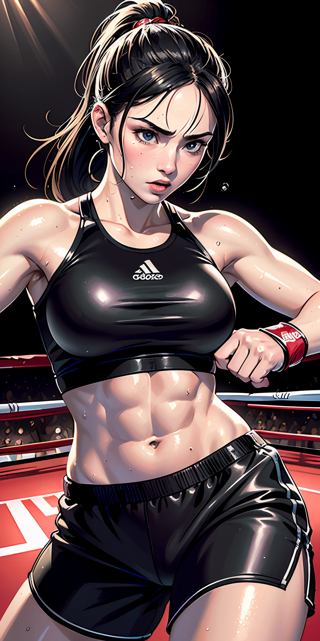 (original) , (very detailed wallpaper) , (best quality) , (masterpiece) , photographic reality, realistic, very detailed illustrations, (1 girl) , beautiful eyes, (delicate face) , perfect detail, (best lighting) , (super complex details) ,
(boxing girl) , (aggressive punching) , sweat, heavy breathing, (oppressive attack) , (boxing ring) , athletic shorts, perfect detail, perfect fingers, perfect limbs, impact, (shiny skin) , abs, muscles, waistline,boxing shorts, fist fight, black hair, high ponytail, very long hair,
4K unified, (super detailed CG: 1.2) , (8K: 1.2) , realistic, octane rendering