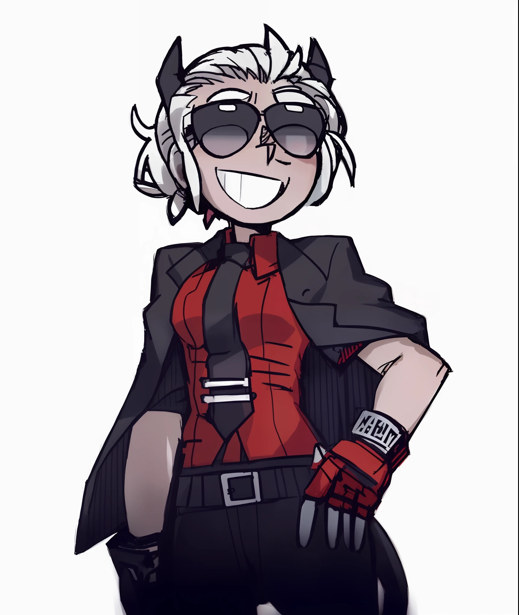 a closeup of a cartoon character in a suit and tie, Justice((\Helltaker\)), jett from valorant, sprite 2d, badass pose, anime style 2d, persona 5 inspired, avatar for website, [[[[ grinning evily]]]], in the style of sifu 🔥 😎 🕹️ 👀 :2, trigger anime artstyle, high quality fanart