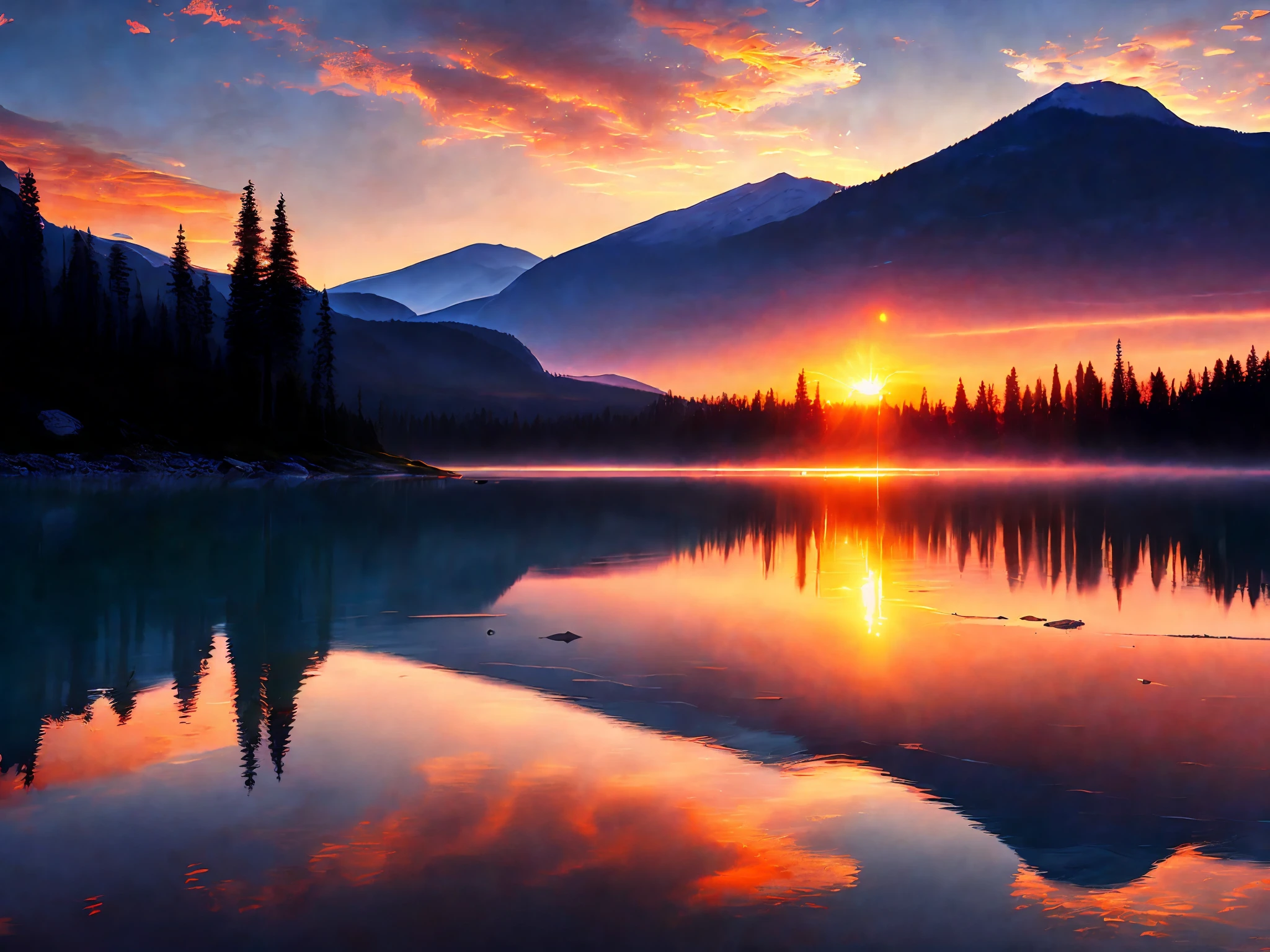 Dawn, lake, bright sun, lake, glare, lighting, birds in the sky, forest and mountains in the distance, raw photo,