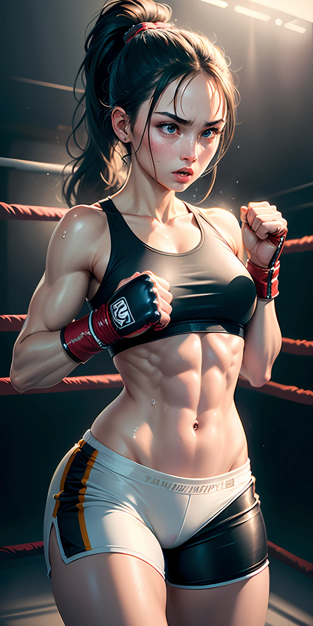 (original) , (very detailed wallpaper) , (best quality) , (masterpiece) , photographic reality, realistic, very detailed illustrations, (1 girl) , beautiful eyes, (delicate face) , perfect detail, (best lighting) , (super complex details) ,
(boxing girl) , (aggressive punching) , sweat, heavy breathing, (oppressive attack) , (boxing ring) , athletic shorts, perfect detail, perfect fingers, perfect limbs, impact, (shiny skin) , abs, muscles, waistline,boxing shorts, fist fight, black hair, high ponytail, very long hair,
4K unified, (super detailed CG: 1.2) , (8K: 1.2) , realistic, octane rendering
