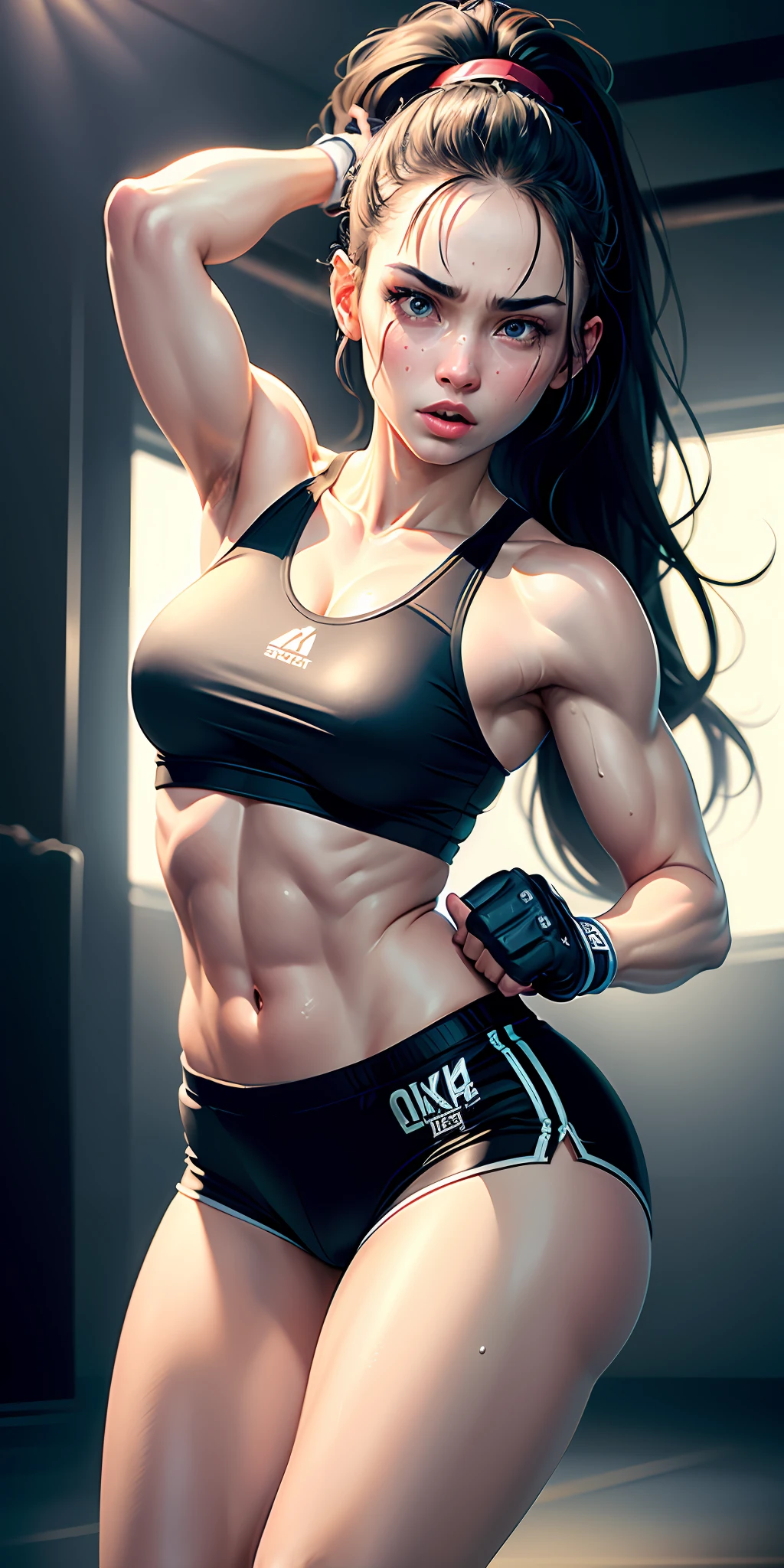 (original) , (very detailed wallpaper) , (best quality) , (masterpiece) , photographic reality, realistic, very detailed illustrations, (1 girl) , beautiful eyes, (delicate face) , perfect detail, (best lighting) , (super complex details) ,
(boxing girl) , (aggressive punching) , sweat, heavy breathing, (oppressive attack) , (boxing ring) , athletic shorts, perfect detail, perfect fingers, perfect limbs, impact, (shiny skin) , abs, muscles, waistline,boxing shorts, fist fight, black hair, high ponytail, very long hair,
4K unified, (super detailed CG: 1.2) , (8K: 1.2) , realistic, octane rendering