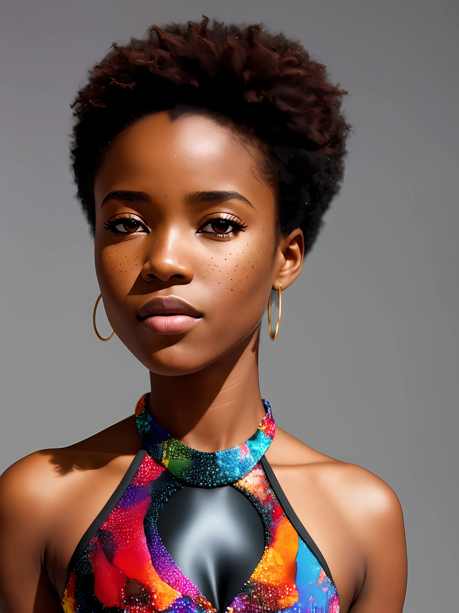 african woman, short dress, posing, ultradetailed, HD, 8K, highlights, good lighting, ((art by Emmanuelle Moureaux and (Wangechi Mutu:1.1))), , small freckles, nostalgia, high detail professional photography, detailed skin, textured skin, skin pores, skin details, ((detailed pupils)), high details, photorealistic, sharp focus, nikon d7500 24mm, f/1.4, ISO 100, 1/1600s, UHD 64k, RAW, unedited photo , depth of field, bokeh , dramatic