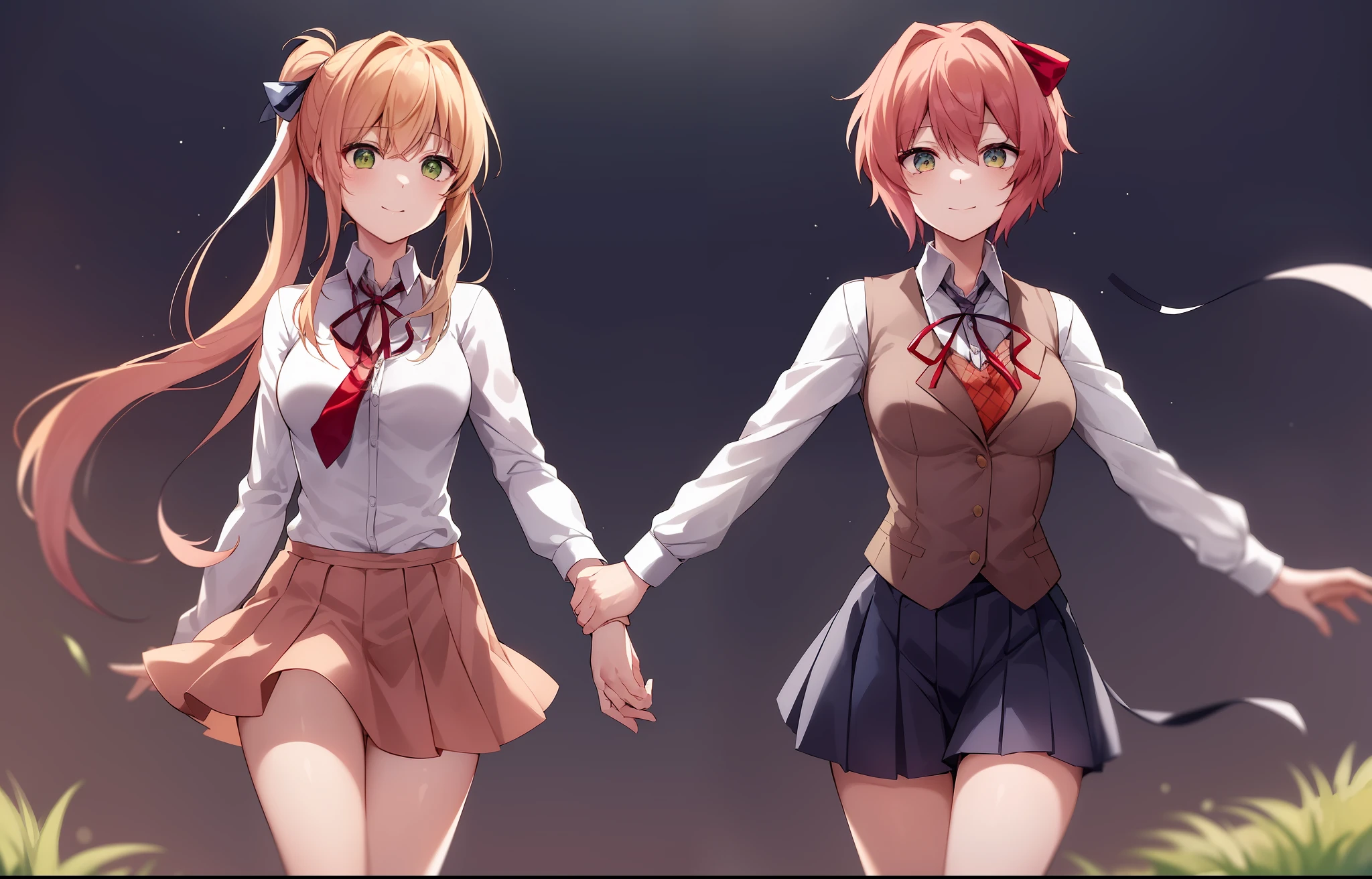 Monika is in a good mood and smiles at Sayori as she offers her a rope. Sayori however, is visibly sad and dejected, her arms twirling and her gaze downcast. The atmosphere of the literature club is heavy and sad, which is evident in the girls' expressions and attitude. Monika is dressed in her literature club president's uniform, which consists of a white shirt with a green tie, shorts dark gray and white socks. Her hair is long and dark purple in color, and is styled in two pigtails. Sayori on the other hand, is dressed in a light pink shirt and blue shorts, and her hair is blonde and tied into two little pigtails. Although it is sad, it looks clean and well cared for.