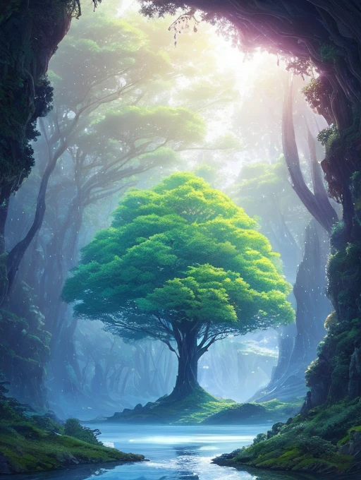 Illustration of a hyperrealistic , otherworldly, ultrasky scene featuring a giant crystal tree full body,very detailed and magical lighting, intricate forest details, vegetation and river around, solarpunk ,landscape, giant tree, beatifull leafy with beautiful lighting and realistic proportions, as if it were a cinematic background, 8k, highest quality, masterpiece, clouds and stars in the sky.