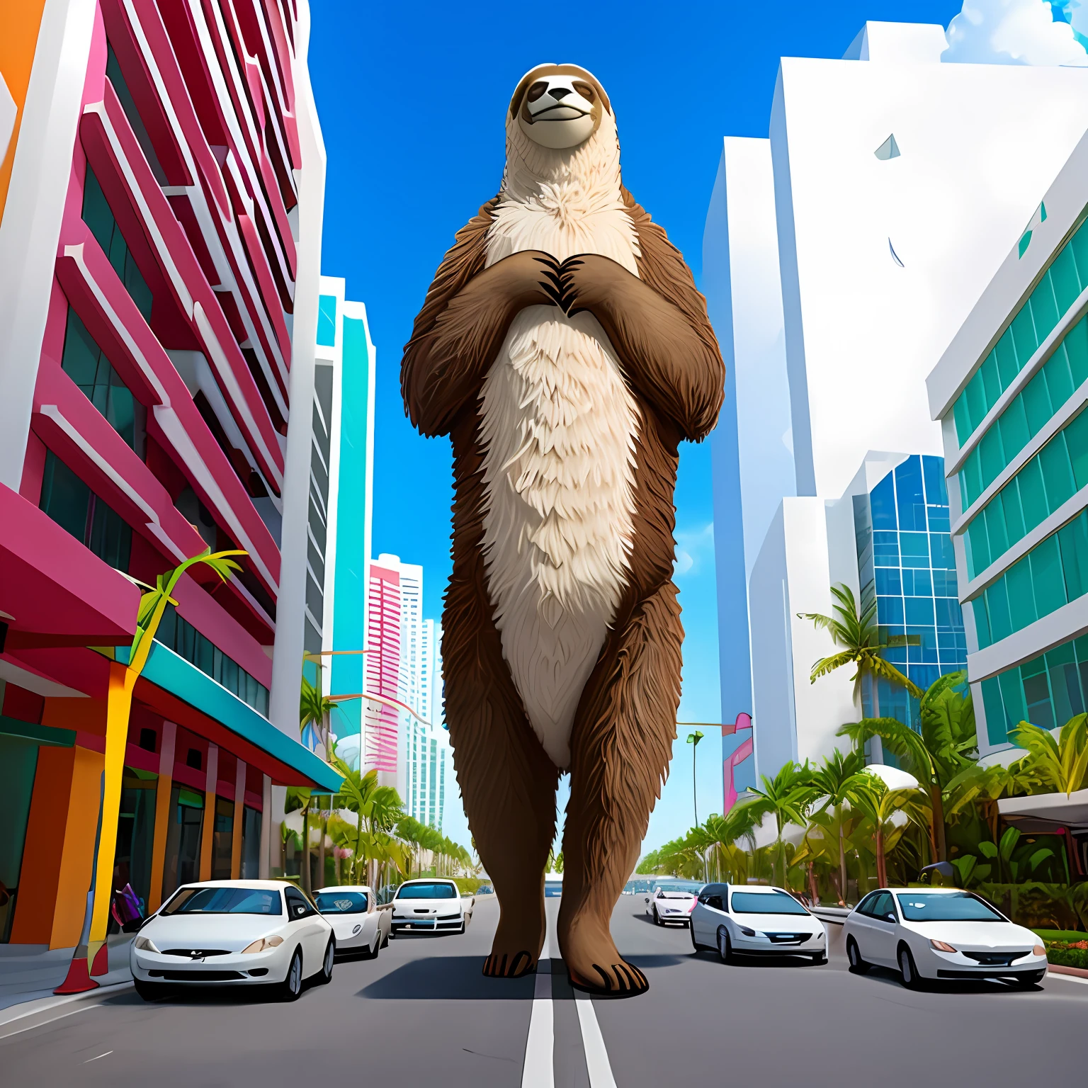 giant godly sloth walking in Miami