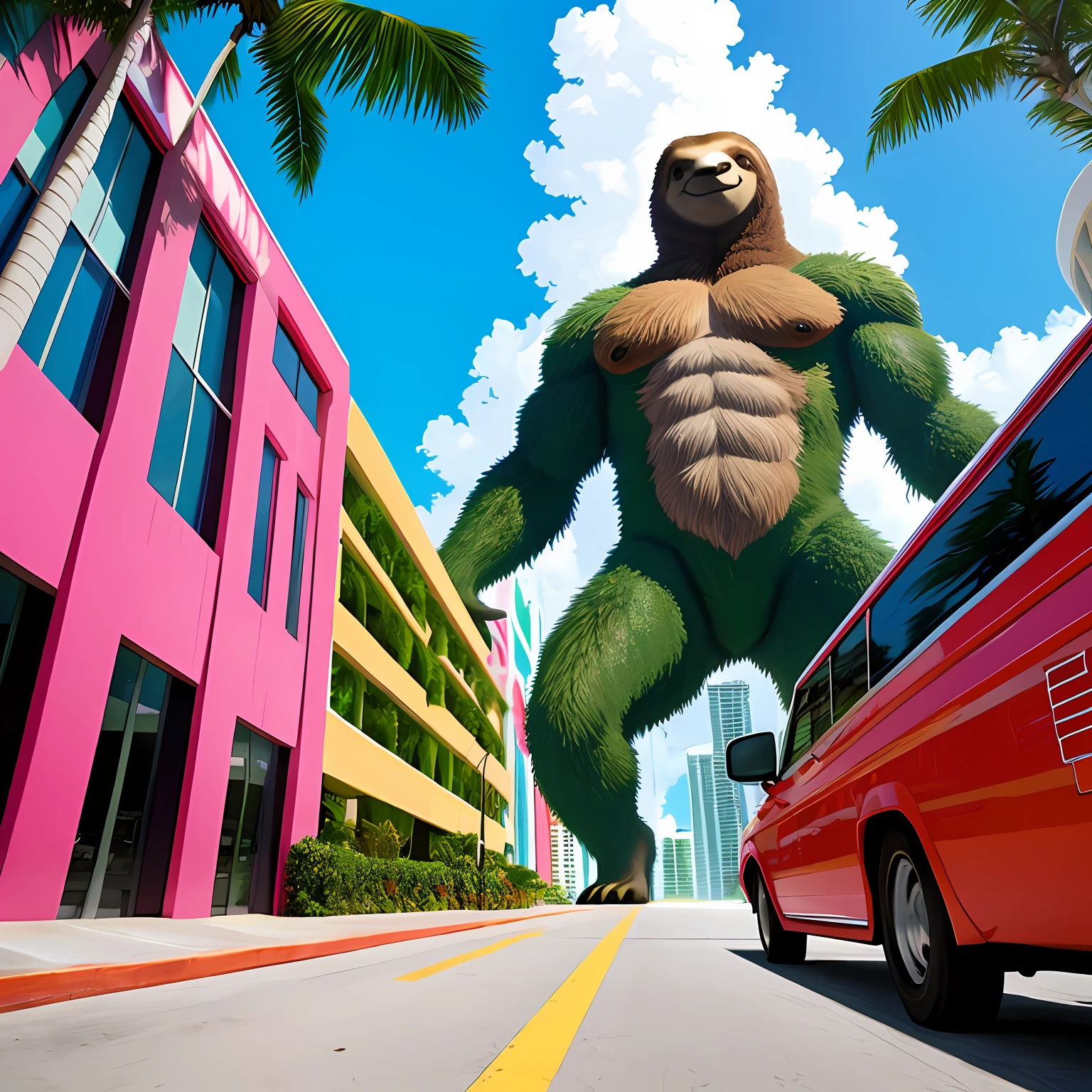 giant godly sloth walking in Miami