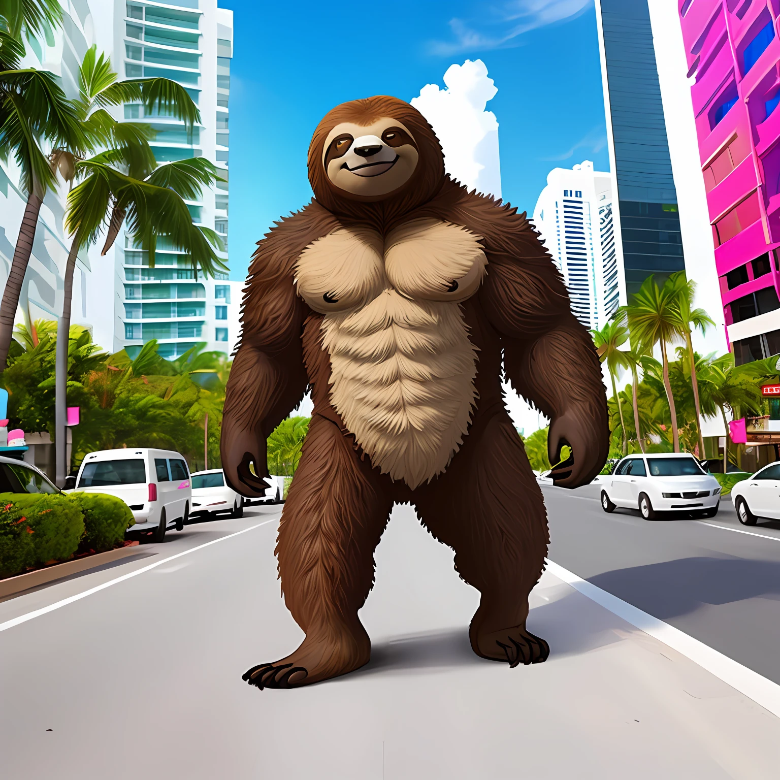 giant godly sloth walking in Miami