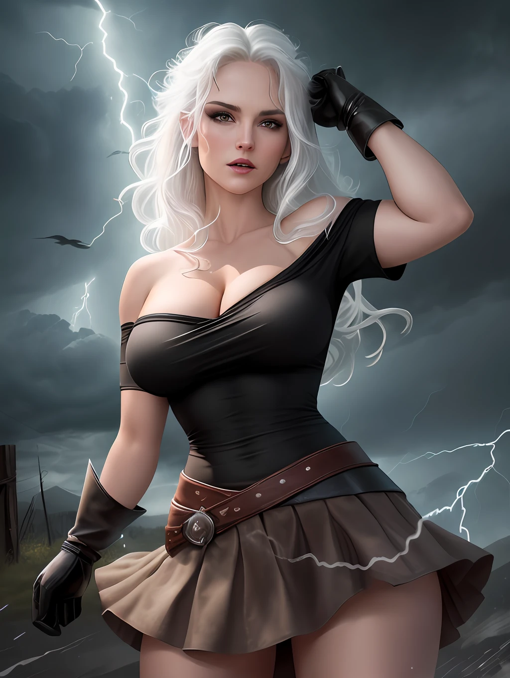 Character storms in realistic version, sexy, short black t-shirt draped over the shoulder, fabric pule, short skirt, cleavage, long stockings, white eyes shining, long white hair flying, lightning and hurricanes in the background, lightning coming out of the hands, gloves, Full HD 8K, full resolution, ultra detailed and realistic image, fantasy style