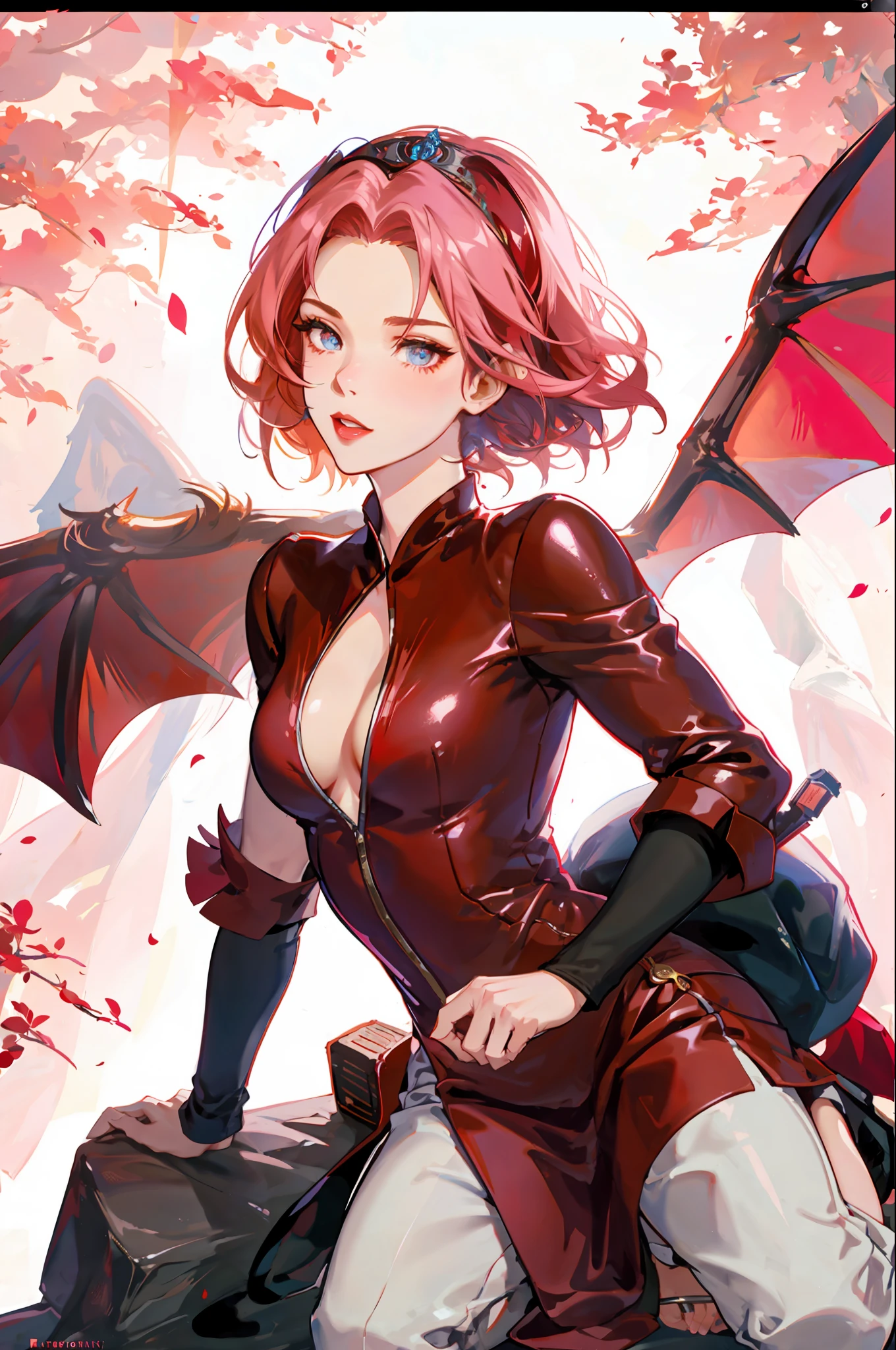 Queen of Dragons, beautiful woman, seductive, dark, standing, with wings coming out of her back, sensual eyes, red dress, forehead showing, queen, pink hair, delicate, young, short hair, full body, by League of Legends , trending on artstation, by rhads, andreas Rocha, rossdraws, makoto shinkai, laurie greasley, lois van baarle, ilya kuvshinov and greg rutkowski