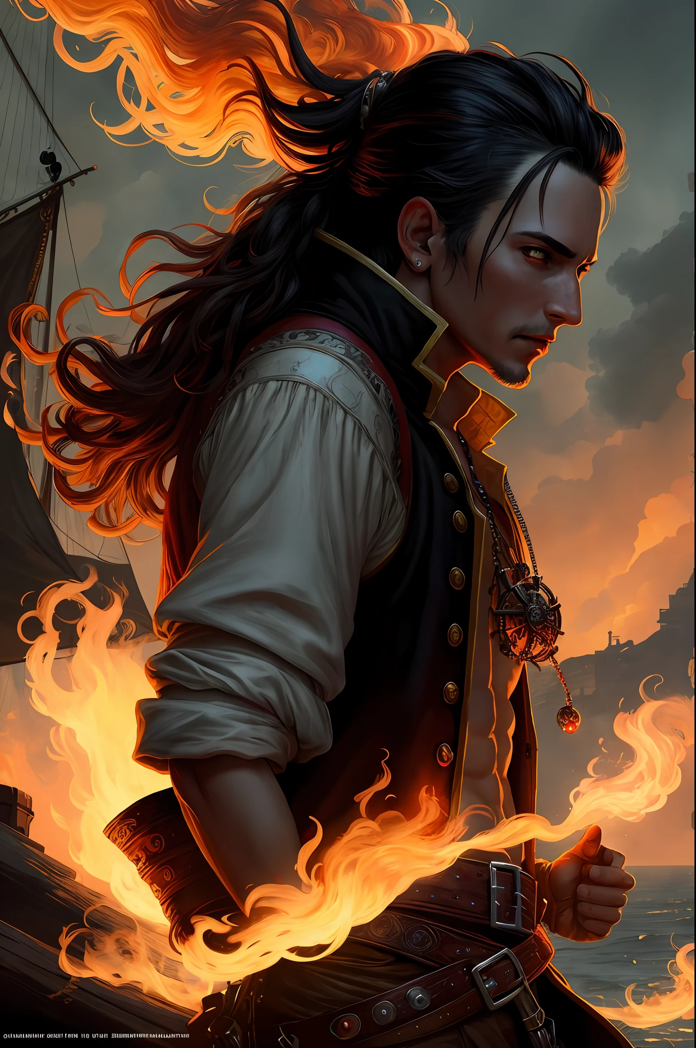 fantasy portrait fire smoke of a male pirate rogue made of fire, ace, bright morning light from side, (masterpiece:1.2) (illustration:1.2) (best quality) (detailed) (intricate) (8k) (HDR) (wallpaper) (cinematic lighting) (sharp focus)