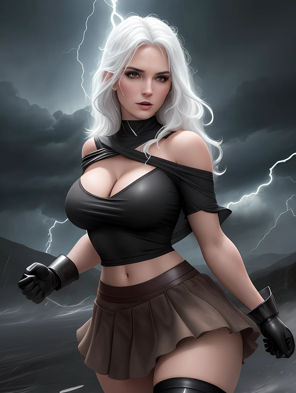 Character storms in realistic version, sexy, short black t-shirt draped over the shoulder, fabric pule, short skirt, cleavage, long stockings, white eyes shining, long white hair flying, lightning and hurricanes in the background, lightning coming out of the hands, gloves, Full HD 8K, full resolution, ultra detailed and realistic image, fantasy style