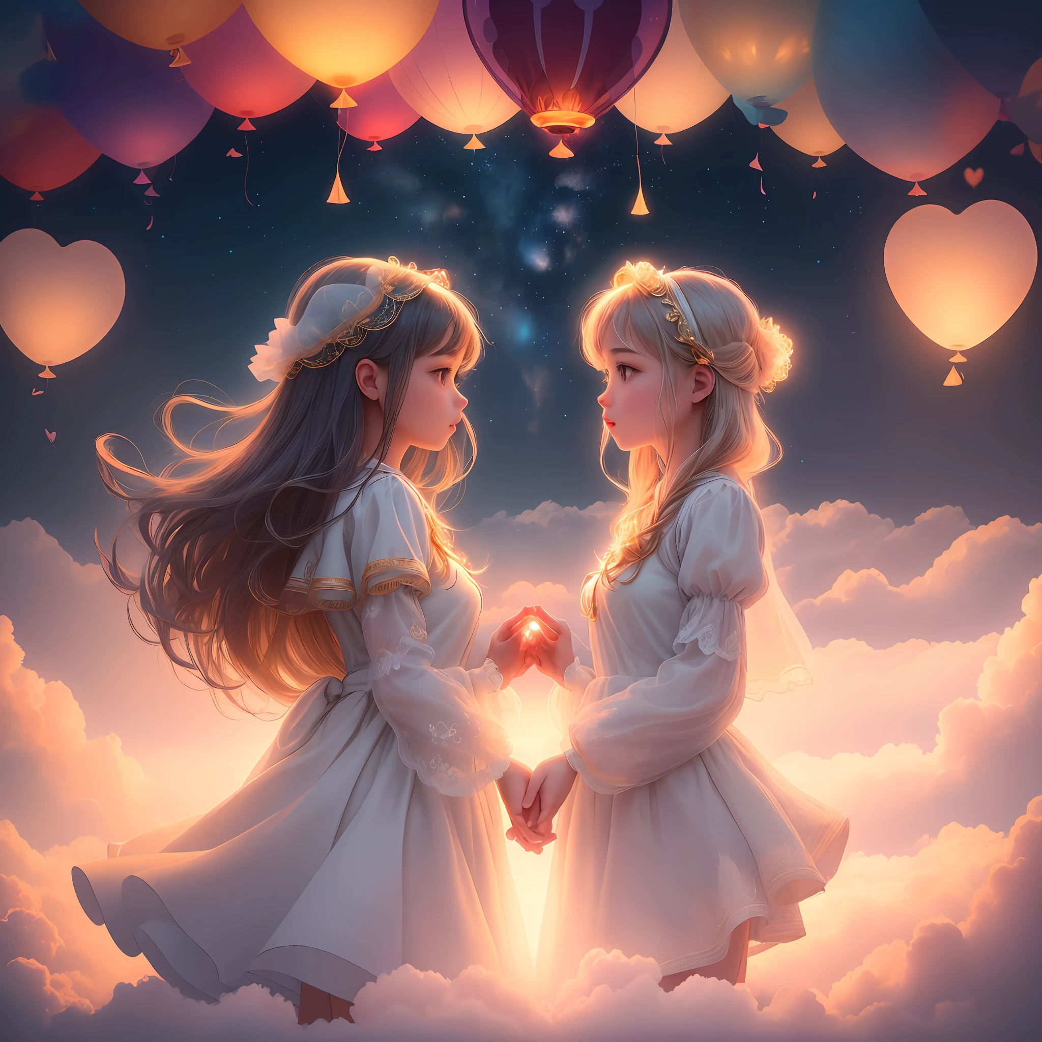 Behold a mesmerizing scene where small heart-shaped bioluminescent balloons float gracefully above the clouds. This captivating image showcases a perfect composition, meticulously arranged to create a visually stunning masterpiece. Every intricate detail of the balloons is depicted with exceptional clarity, highlighting their delicate beauty and radiant glow. The placement of the balloons follows the principles of the golden ratio, adding an extra layer of aesthetic appeal to the overall composition. This artwork transcends reality, evoking a sense of wonder and enchantment. The photograph is flawlessly captured in mesmerizing 4K resolution, allowing viewers to immerse themselves in the magical ambiance of this breathtaking scene