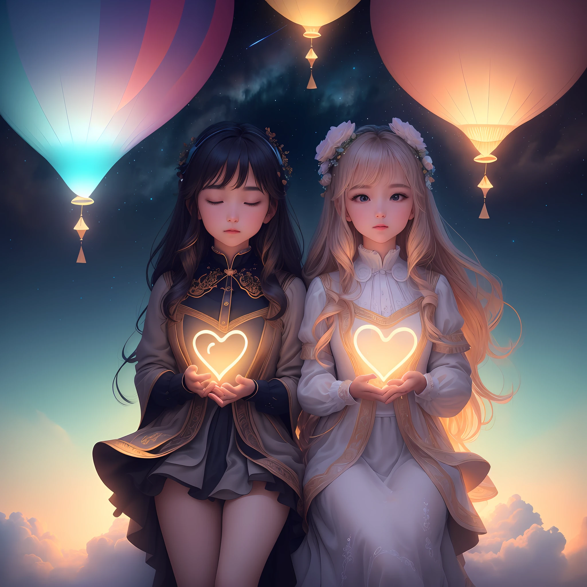Behold a mesmerizing scene where small heart-shaped bioluminescent balloons float gracefully above the clouds. This captivating image showcases a perfect composition, meticulously arranged to create a visually stunning masterpiece. Every intricate detail of the balloons is depicted with exceptional clarity, highlighting their delicate beauty and radiant glow. The placement of the balloons follows the principles of the golden ratio, adding an extra layer of aesthetic appeal to the overall composition. This artwork transcends reality, evoking a sense of wonder and enchantment. The photograph is flawlessly captured in mesmerizing 4K resolution, allowing viewers to immerse themselves in the magical ambiance of this breathtaking scene