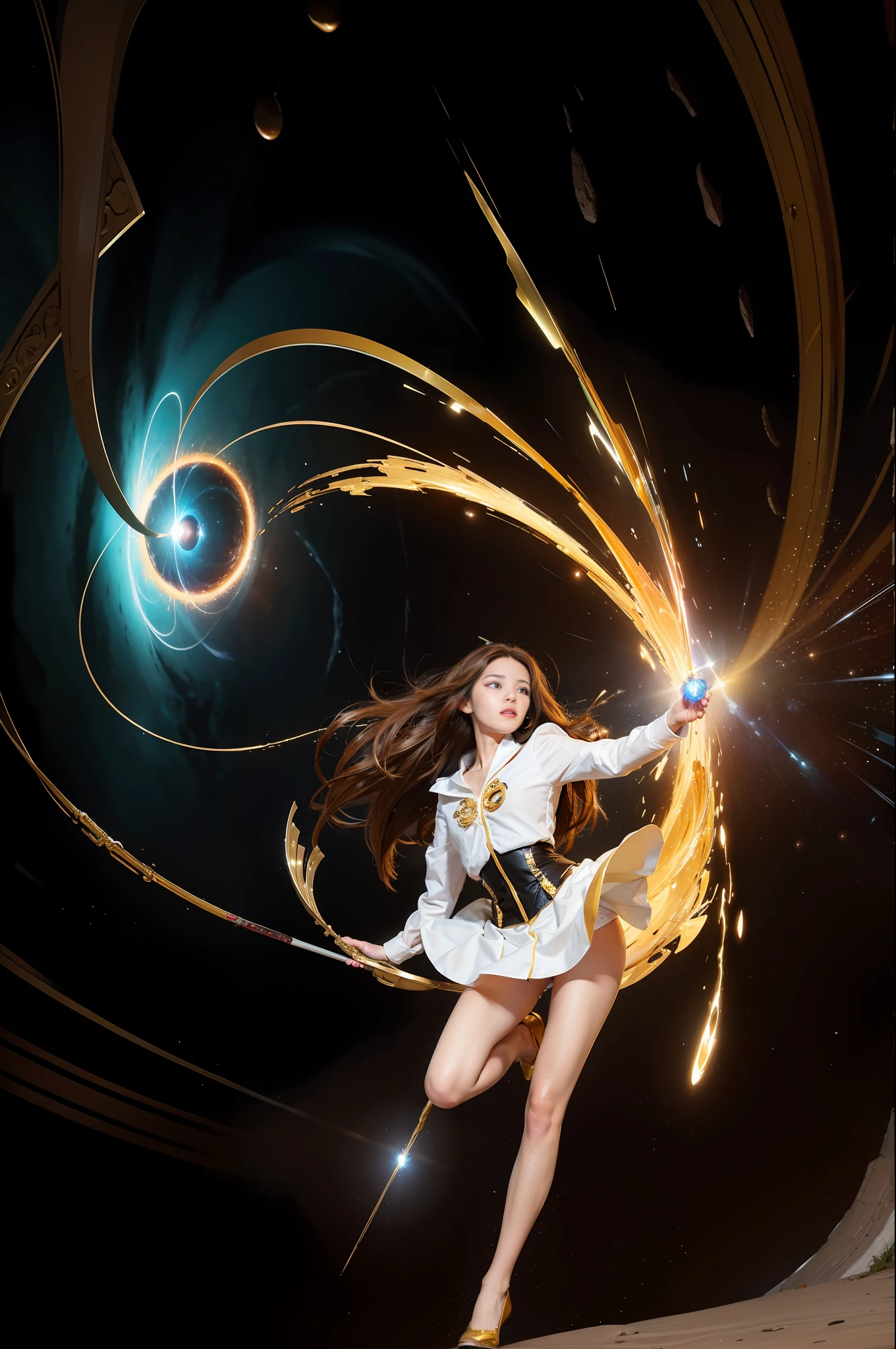 1girl, solo, light blue eyes, brown hair, holding a golden scepter, (blood volume: 1), running in the universe, (huge black hole: 1.2) full body, (official set: 1.5), dullyarts, dust background details, Eye details, ore disease lesions\(Tomorrow&#39;s Ark\), (realism: 1.4), official art, unreal 8k wallpaper, ultra-detailed, beautiful and aesthetic, masterpiece, best quality, (dynamic angle: 1.4), (floating Colorful sparkle: 1.2), elegant, bright colors, romanticism, medium chest, no panties