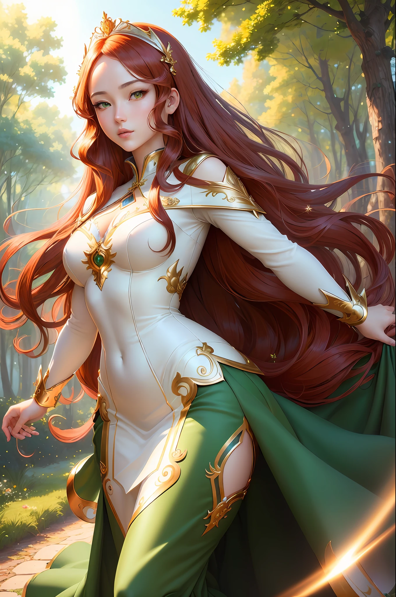 ((best quality)), ((masterpiece)), (detailed), (artgerm lau anime style), (Wlop), (Sandro Botticelli), (amazing detailed background), (dynamic artistic cinematic lighting), a beautiful girl with long red hair, (sparkling green eyes), wearing a long white dress with long sleeves, porcelain oval face, magical writing forest background, in artistic and neutral tones.