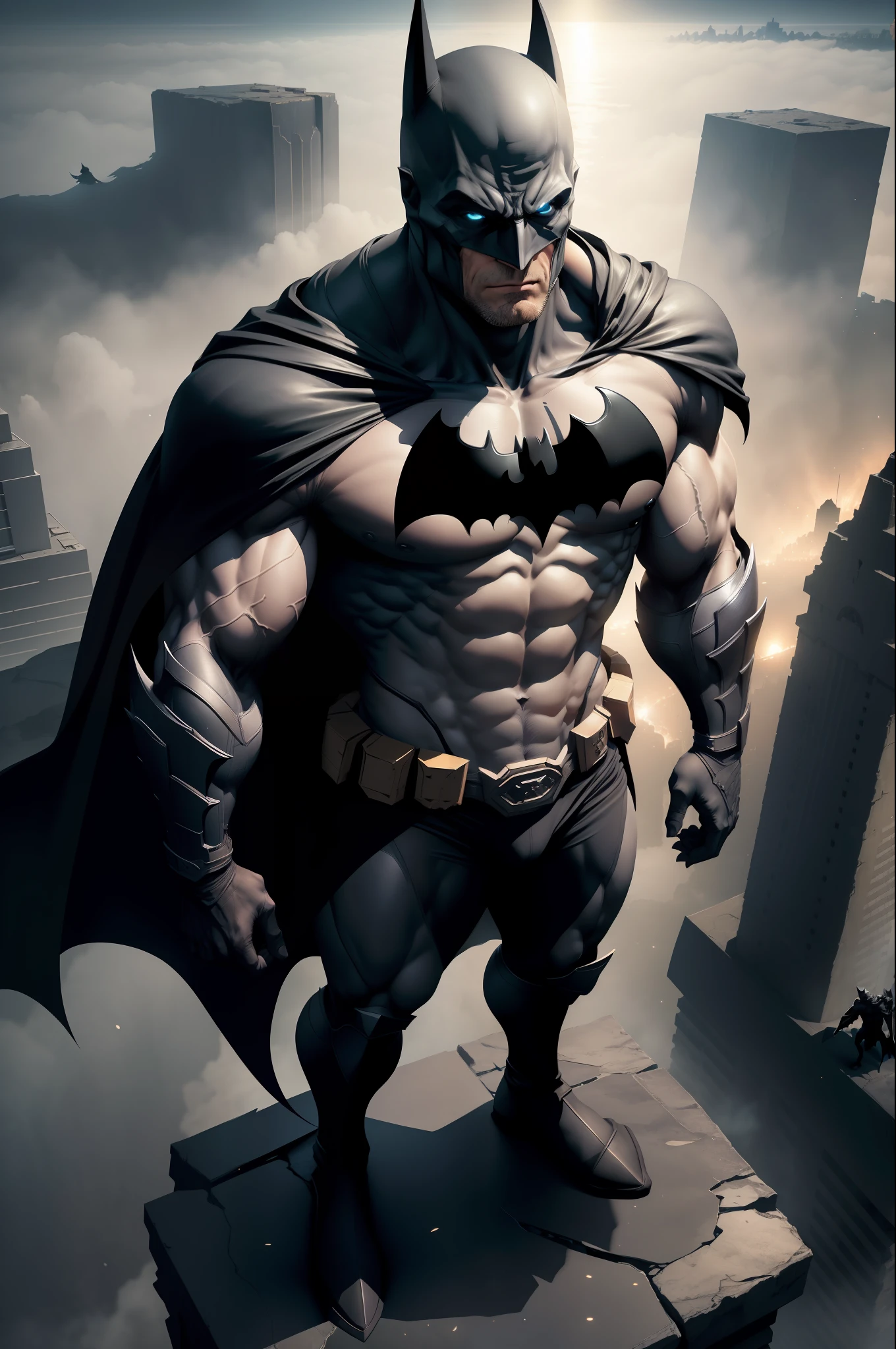 from above, muscular batman in hi-tech armor standing on gargoyle statue, looking away, torn cape, night, storehouse building, particles, fog