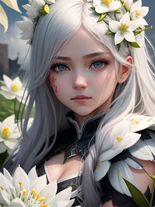 (extremely detailed CG unity 8k wallpaper), (masterpiece), (best quality:1.2), (highres), (illustration:1.1), (cinematic light:1.1), finely detailed, intricate details, (best illustration), 8k resolution, intricate details, best quality, realistic, ultra-detailed, best illumination, best shadow, ultra-HD, cryengine, ultra hd, (detailed reflection), detailed shadows, (((intricate details))), smooth, ((perfect shading)), high quality metal texture, metallic luster, highly detailed illustration, (semi realistic:1.6), (wide_shot:1.2), (from below, dutch_angle), dutch angle, ((cowboy shot)), (beautiful detailed eyes:1.1), beautiful detailed face:1.1, (realistic body:1.2), looking at viewer, (One girl hugging a white Giant Dragon, surrounded by white flowers.:1.6), (Heavily disheveled hair), (hold left hand\[ready a sword[light skin\]), (blood dripping full body:1.1), paintbrush, (glowing eyes\[magic square in eyes[ colored yellow \]), silver long hair, hair between eyes, sigma 135mm lens, amaryllis around, (((face to face:1.6))), complicated background, dynamic camera angle, blood rain behind, (warzone), (((high quality detailed ruins))), (depth of field), ((cinematic lighting)), ((horror)), ((dark fantasy)), lovecraftian, spot color, monotone, red, splashing blood, (best illumination), (hyper intricate details), ((ultra-detailed)), 4k unity, (extremely detailed CG:1.2), (8k:1.1), ((landscape view)), Artstation, ((by sui ishida, by Wenjun Lin, by stefan morrell)), dystopian art, apocalypse art, ((semi-realistic)), (realism), (dynamic), (nixeu_basic2:0.5)