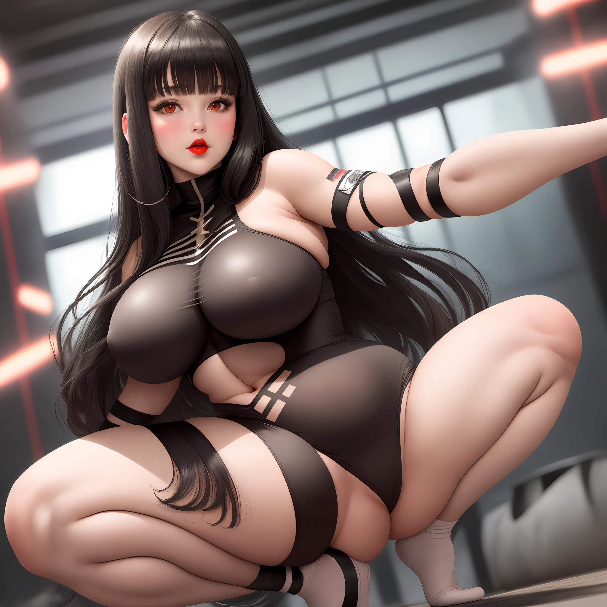 plump, fat, long black hair, red eyes, blunt bangs, hime cut, {{{red lips}}}, {{{masterpiece}}}, {{{best quality}}}, huge boobs, {{{ brachial muscle}}}, {{{milf}}}, {{{bodysuit}}}, {{{one girl}}}, squat, spread legs