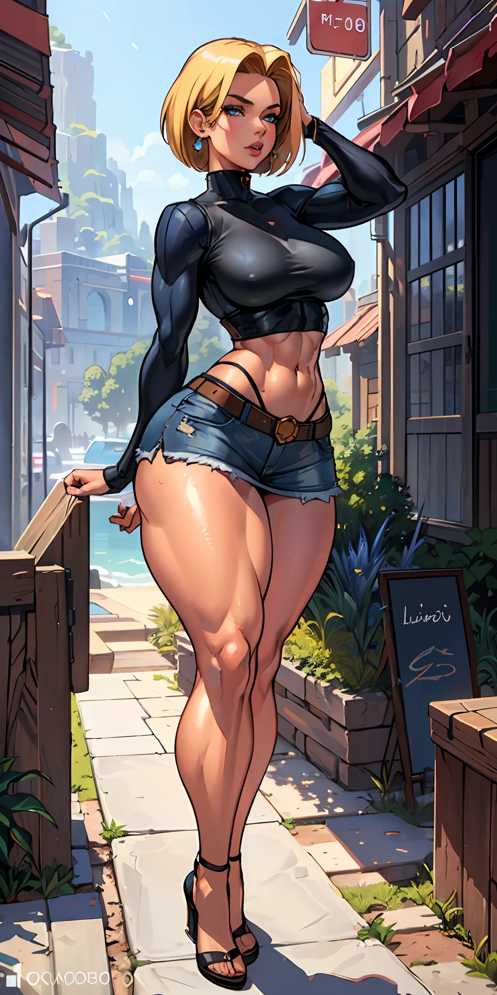 unparalleled masterpiece, ultra realistic 8k CG, perfect artwork, (1girl:1.1) , solo, ((perfect female figure)), (nsfw), looking at viewer, mature female, bimbo (android 18) standing, (teasing), best quality:1.1 , seductive posture, sexy pose, alluring, (beautiful), (curvy), (thick), blonde hair, (blue eyes:1.2), short hair, earrings, jewelry, denim vest, open vest, black pantyhose, black shirt, denim skirt, striped long sleeves, blue skirt, toned legs, fit, (abs:1.1), (big butt:1.4), peach ass, (athletic body:1.2), (large breasts:1.3, (big_breasts:1.1), wide_hips:1.5, narrow waist, small waist:1.5, slender body:1.2, thick thighs:1.3), (shiny skin:1.2), (hdr), (street:1.2), Nikon D850 film stock photograph Kodak Portra 400 camera f1.6 lens, rich colors, lifelike texture, dramatic lighting, unreal engine, trending on ArtStation, by Gerald Brom, by Frank Frazetta, by Luis Royo, by Julie Bell, by Boris Vallejo