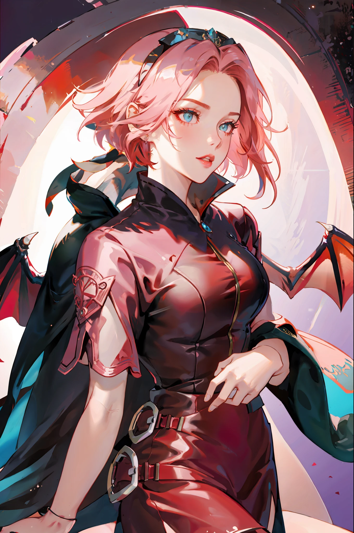 Queen of Dragons, beautiful woman, seductive, dark, standing, with wings coming out of her back, sensual eyes, red dress, forehead showing, queen, pink hair, delicate, young, short hair, full body, by League of Legends , trending on artstation, by rhads, andreas Rocha, rossdraws, makoto shinkai, laurie greasley, lois van baarle, ilya kuvshinov and greg rutkowski
