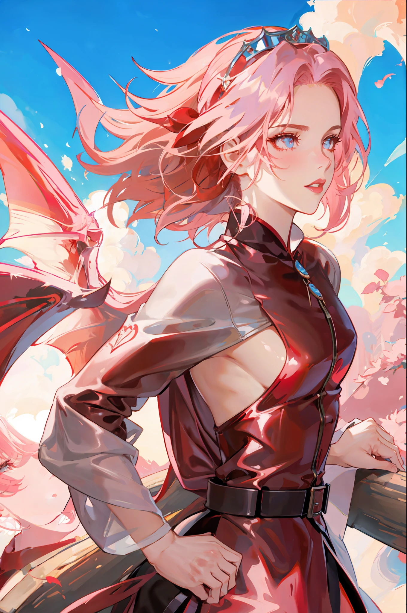 queen of dragons, with wings coming out of her back, sexy eyes, red dress, forehead showing, queen, pink hair, delicate, young, short hair, full body, by League of Legends, trending on artstation, by rhads, andreas Rocha , rossdraws, makoto shinkai, laurie greasley, lois van baarle, ilya kuvshinov and greg rutkowski