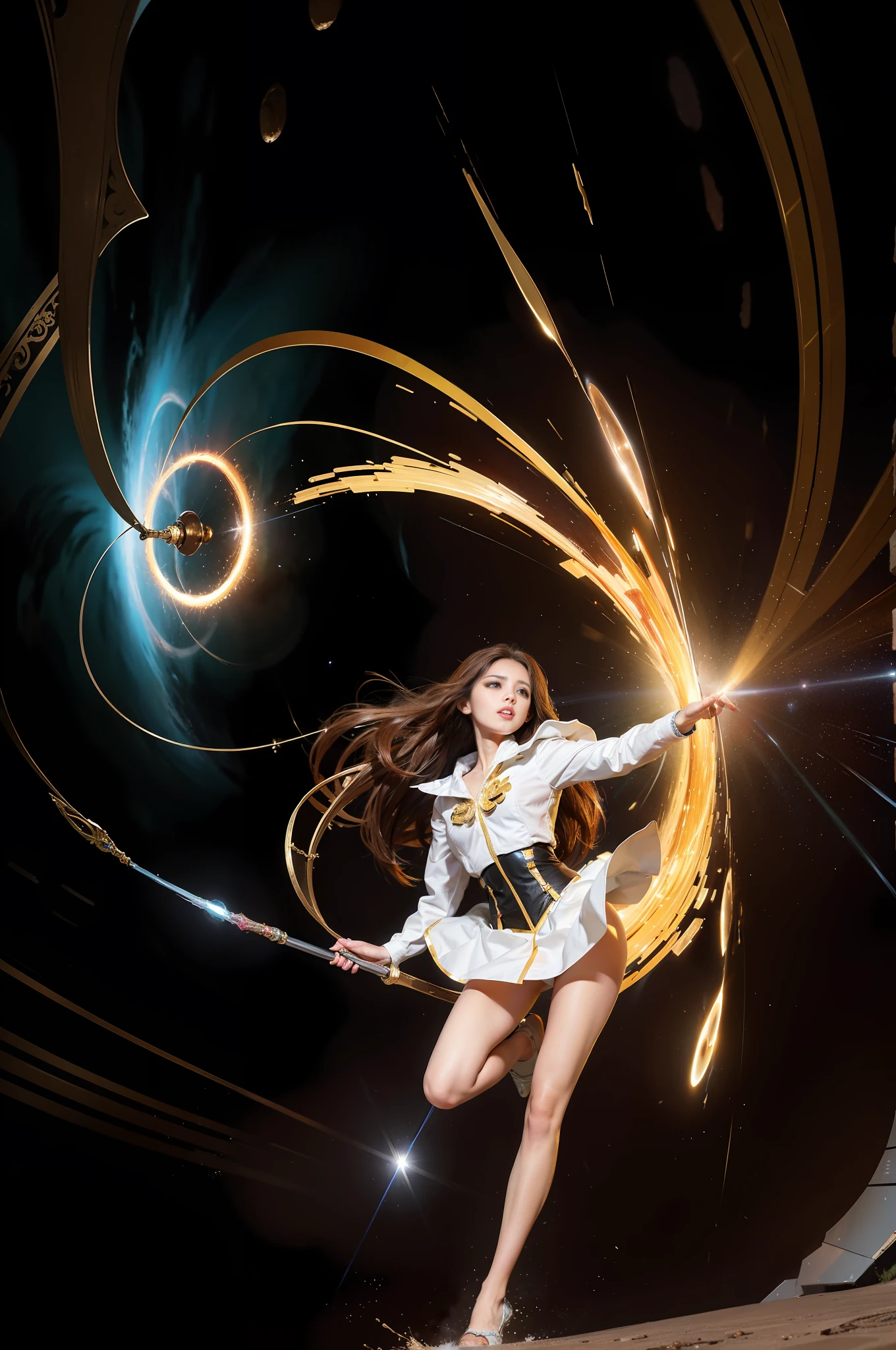 1girl, solo, light blue eyes, brown hair, holding a golden scepter, (blood volume: 1), running in the universe, (huge black hole: 1.2) full body, (official set: 1.5), dullyarts, dust background details, Eye details, ore disease lesions\(Tomorrow's Ark\), (realism: 1.4), official art, unreal 8k wallpaper, ultra-detailed, beautiful and aesthetic, masterpiece, best quality, (dynamic angle: 1.4), (floating Colorful sparkle: 1.2), elegant, bright colors, romanticism, medium chest, no panties