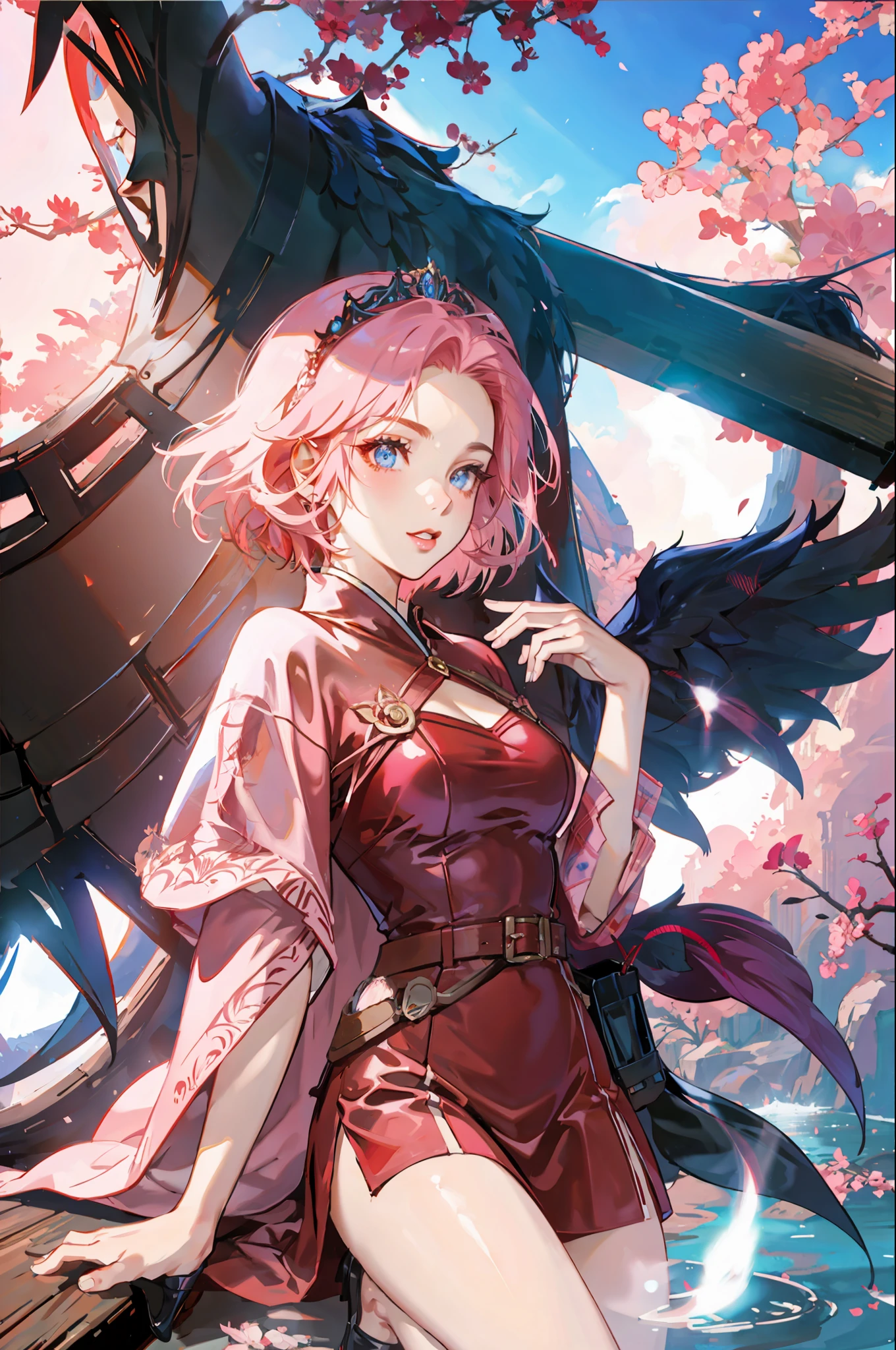 princess, beautiful woman, seductive, dark, standing, with angel wings, sensual eyes, red dress, forehead showing, queen, pink hair, delicate, young, short hair, full body, from League of Legends, trending on artstation , by Rhads, Andreas Rocha, Rossdraws, Makoto Shinkai, Laurie Greasley, Lois Van Baarle, Ilya Kuvshinov and Greg Rutkowski