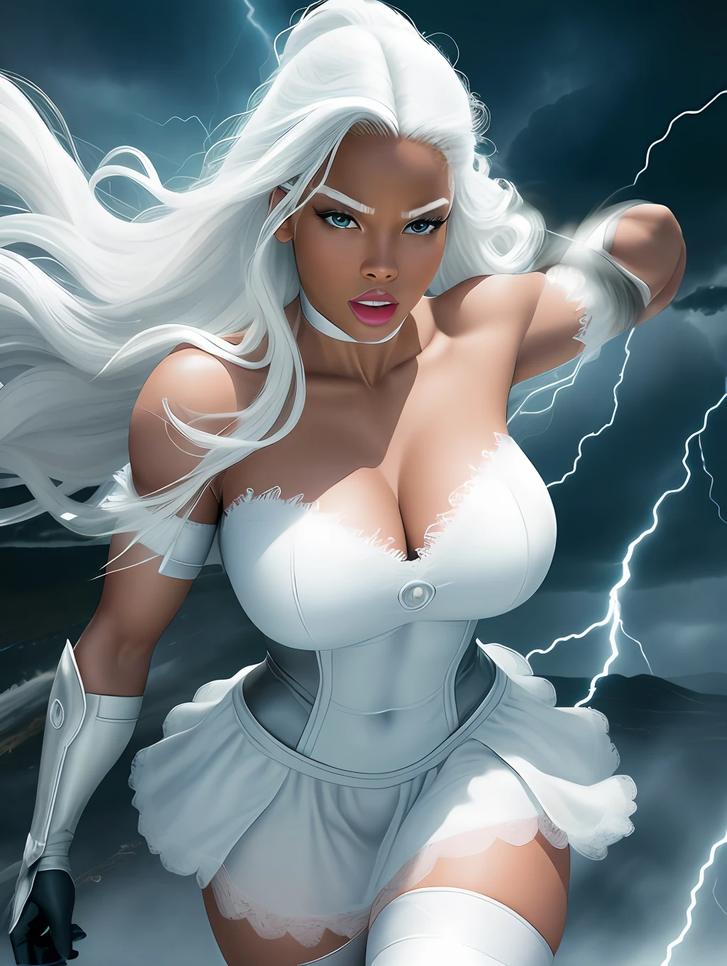 Character: ((storm) from the X-Men) in realistic version, sexy, short white t-shirt draped over the shoulder, lace fabric, short white skirt, cleavage, long stockings, white ray eyes shining, huge white hair flying, lightning and hurricanes in the background, rays coming out of the hands, gloves, photo with rich details, very detailed image, Full HD 8K, maximum resolution, ultra detailed and realistic image, movie style