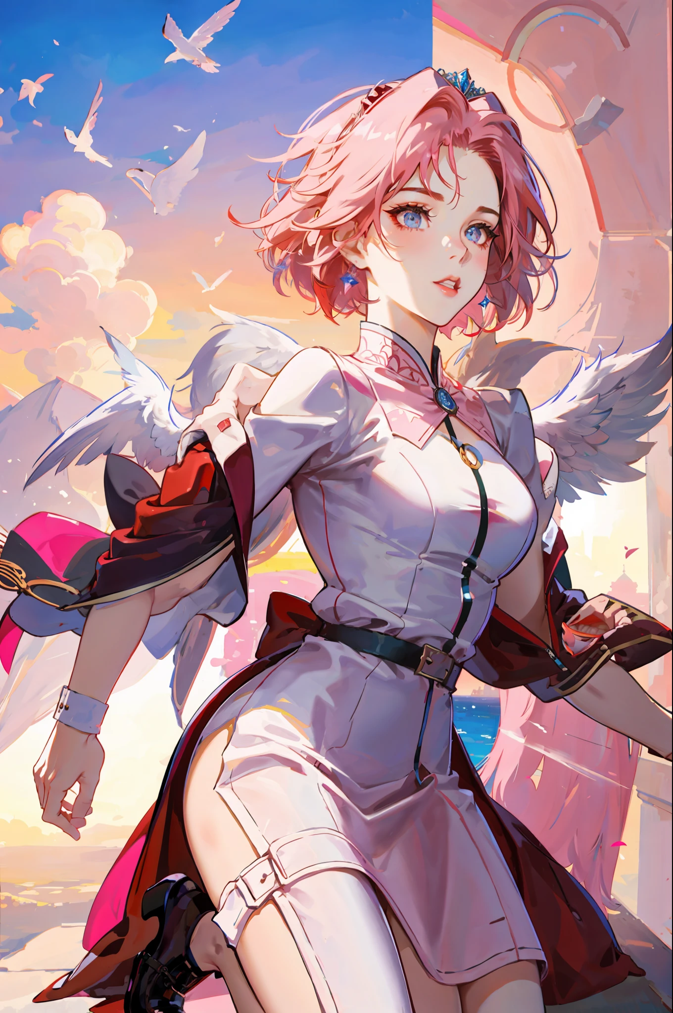 princess, beautiful woman, seductive, dark, standing, with white angel wings, sensual eyes, red dress, forehead showing, queen, pink hair, delicate, young, short hair, full body, from League of Legends, trend in artstation, by rhads, andreas Rocha, rossdraws, makoto shinkai, laurie greasley, lois van baarle, ilya kuvshinov and greg rutkowski