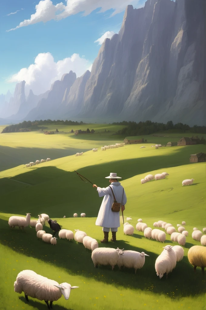 painting of a man in a robe standing in a field with sheep, wlop and rhads, inspired by Jakub Schikaneder, inspired by Christoph Ludwig Agricola, concept art | rhads, rhads and lois van baarle, inspired by Johannes Helgeson, grasslands, fantasy matte painting, cute, pastoral, rob rey, fan art