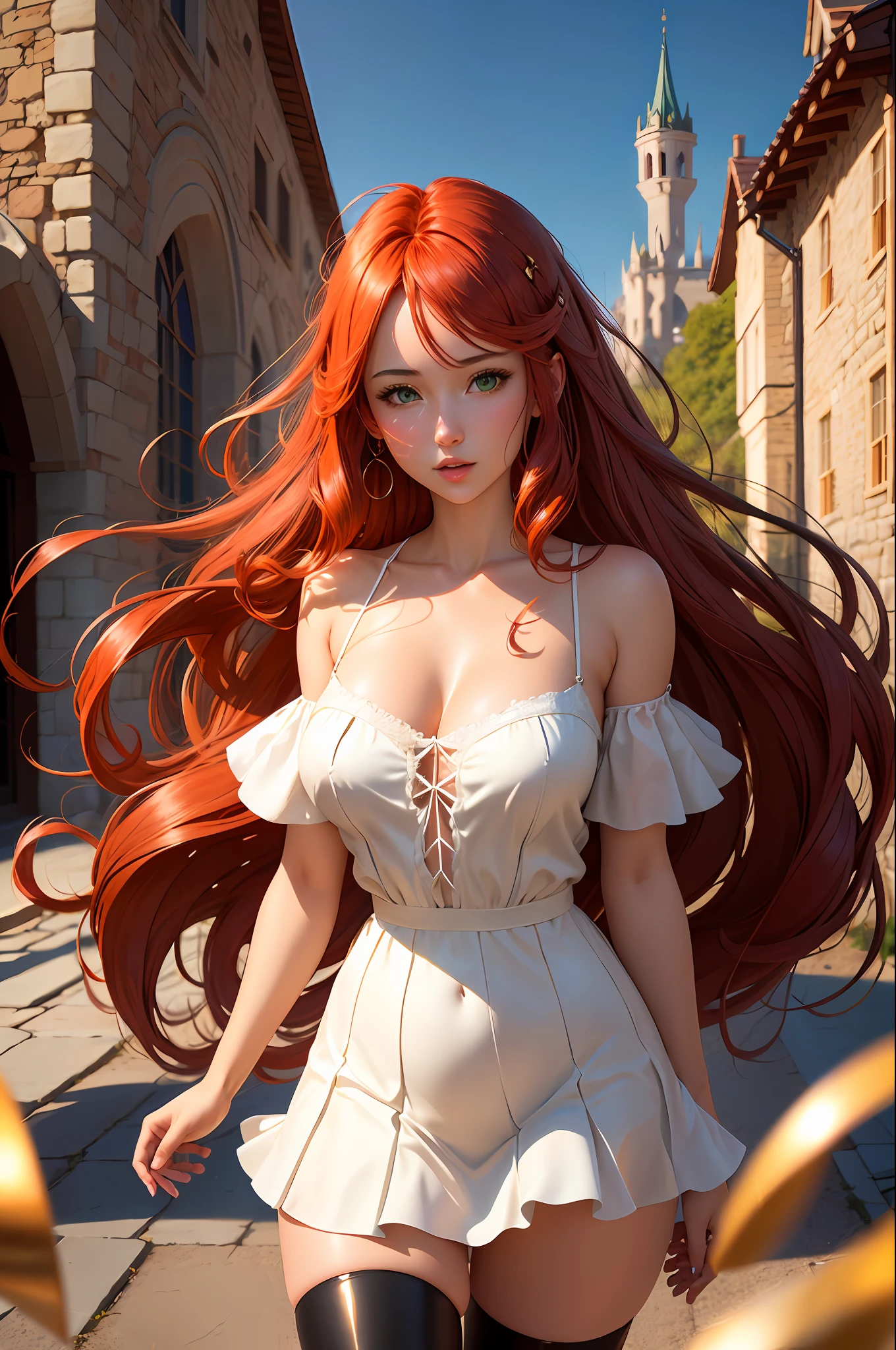 In the style of Wlop, create a mesmerizing digital artwork of a cute girl with long flowing red hair, vibrant green eyes, and porcelain-like fair skin. Dress her in a white spaghetti-strap blouse and a black ruffled skirt that billows in the wind. Place her in front of a majestic medieval castle with intricate stone walls, capturing the artist's signature atmospheric lighting and dynamic brushwork.