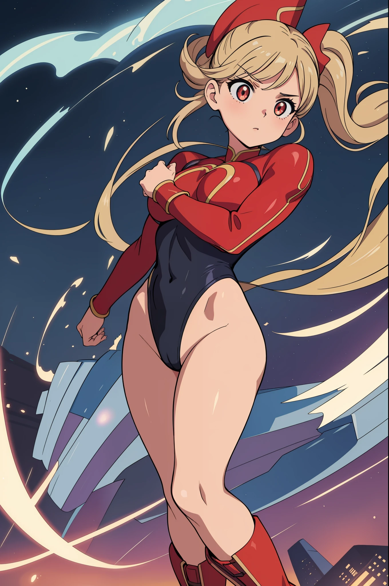 masterpiece, best quality, 1girl, female, superhero, leotard, bare legs, boots, matching boots, medium breasts, light particles, wind particles, aura, stand, standing, highleg, twirl, spin, tornado, tornado twirl, tornado spin, whirlwind, wind particles, city backdrop, time travel, solo,