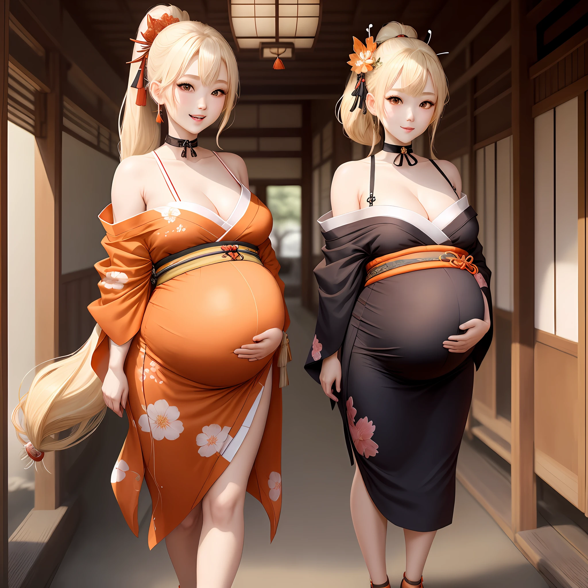 (pregnant big belly), masterpiece, best quality, high resolution, 1 girl, blonde hair, medium hair, asymmetrical hair, floating hair, hair between eyes, high ponytail, side bangs, hair ornament, hair ornament fish hair, tassel, kanzashi, bangs, orange eyes, open mouth, smile, teeth, upper teeth only, choker, red choker, hanging choker, butterfly choker, clavicle, tattoo, chest tattoo, flower tattoo, cleavage, medium breasts, thighs, bandages, bandaged leg, sarashi, sarashi budget, sarashi chest, black sash, hadanugi dousa, houkisei, japanese clothing, kimono, kinchaku, obi, obiage, obijime, orange kimono, bag, printed kimono, rope, sash , shimenawa, short kimono, single bare shoulder, vision (genshin impact), East Asian architecture, cherry blossoms, full body, arms behind back,