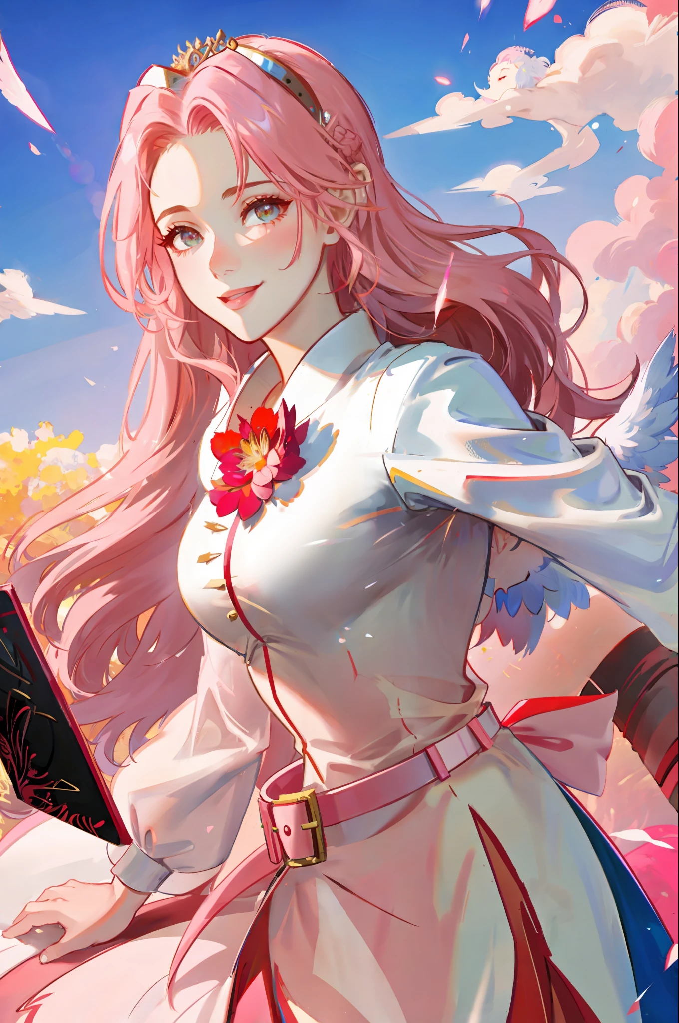 beautiful woman, seductive, smiling, standing, with white angel wings coming out of her back, powerful, red dress, forehead showing, queen, pink hair, delicate, long hair, from League of Legends, trending on artstation, by rhads , Andreas Rocha, Rossdraws, Makoto Shinkai, Laurie Greasley, Lois Van Baarle, Ilya Kuvshinov and Greg Rutkowski