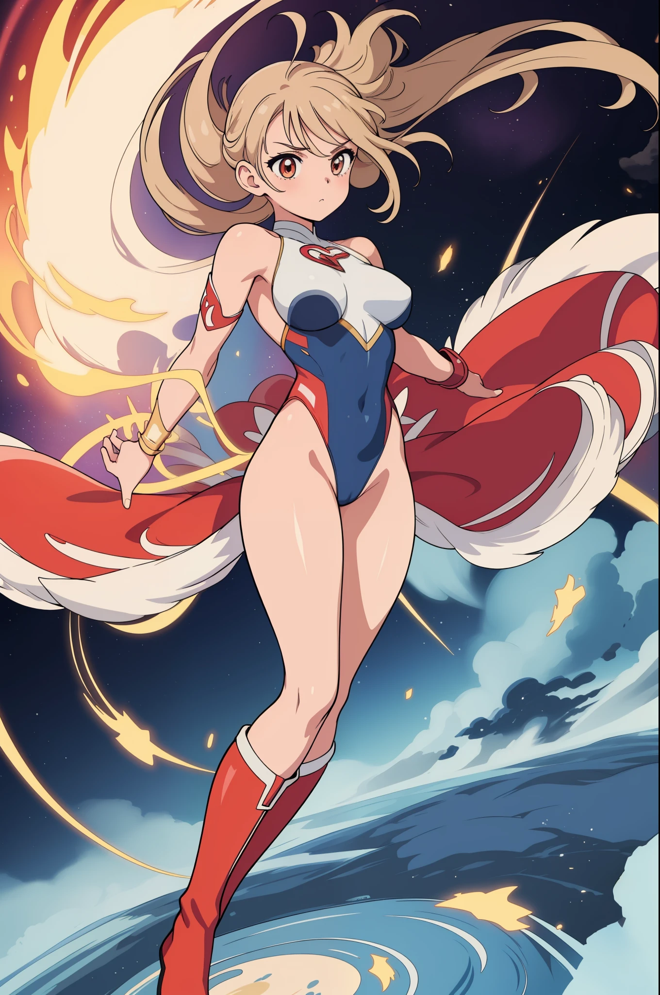masterpiece, best quality, 1girl, female, superhero, leotard, bare legs, boots, matching boots, medium breasts, light particles, wind particles, aura, stand, standing, highleg, twirl, spin, tornado, tornado twirl, tornado spin, whirlwind, wind particles, city backdrop, time travel, solo,