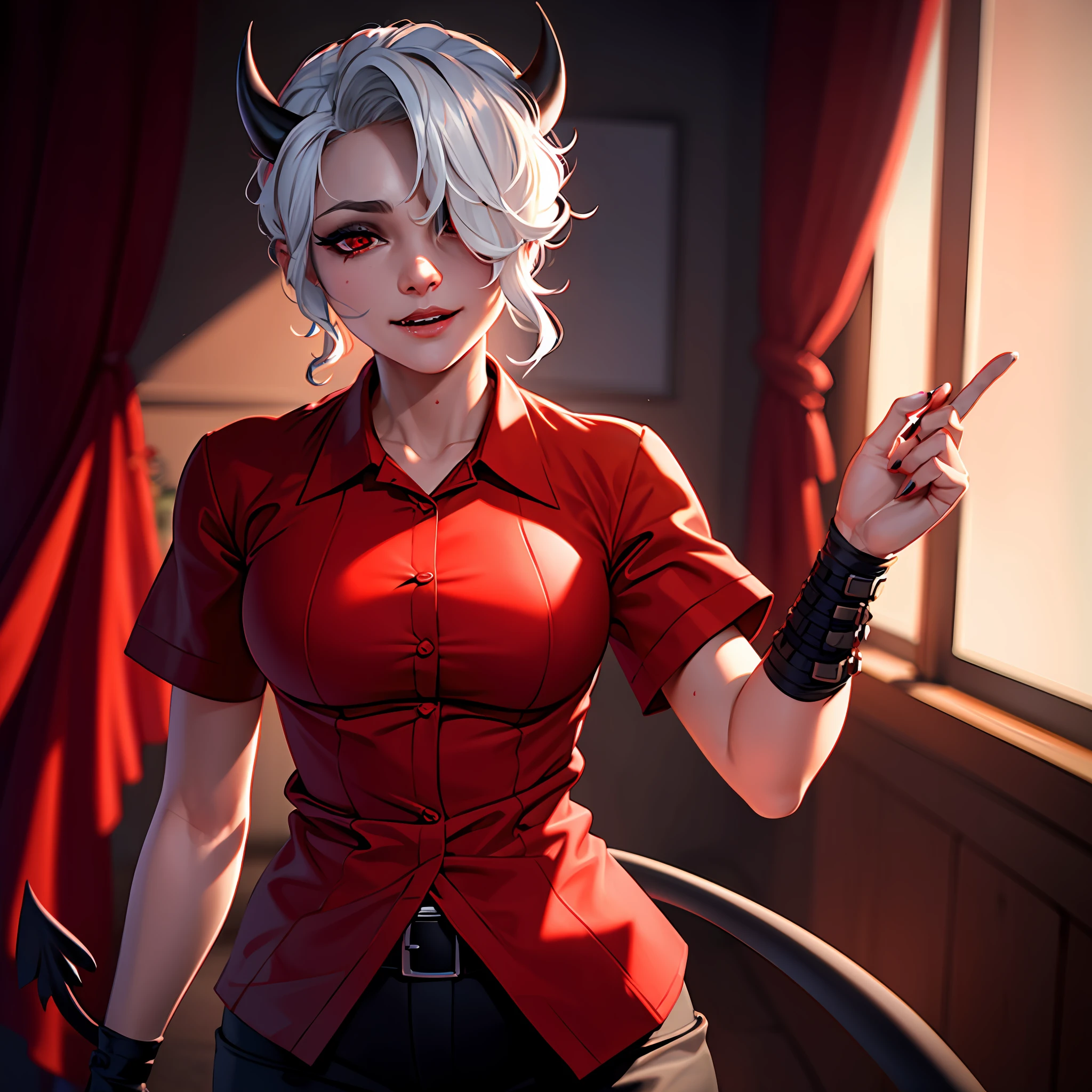 ((extreme detail)),(ultra-detailed),(painting), chiaroscuro, extremely detailed CG unity 8k wallpaper, best quality, portrait,zdrada,red shirt,bedroom,horns,devil tail