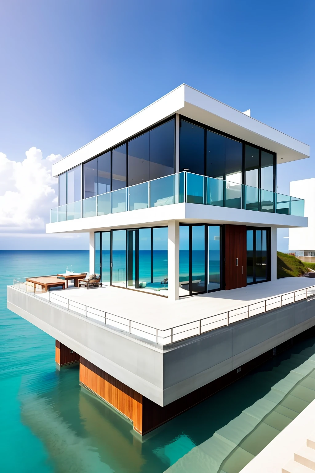 A large three-story house made entirely of glass and stainless steel built above the sea water on the edge of the beach and with a concrete walkway that connects the house to the beach [photorealistic image 1.6] high resolution image