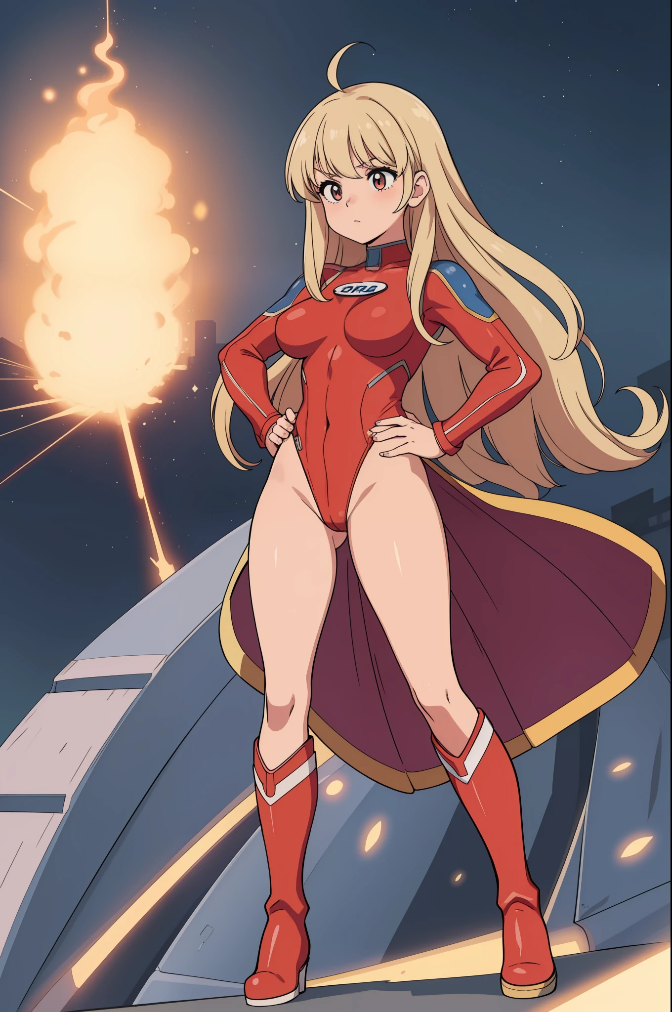 masterpiece, best quality, 1girl, female, superhero, leotard, bare legs, boots, matching boots, medium breasts, light particles, aura, stand, standing, highleg, city backdrop, solo, hand on hip,