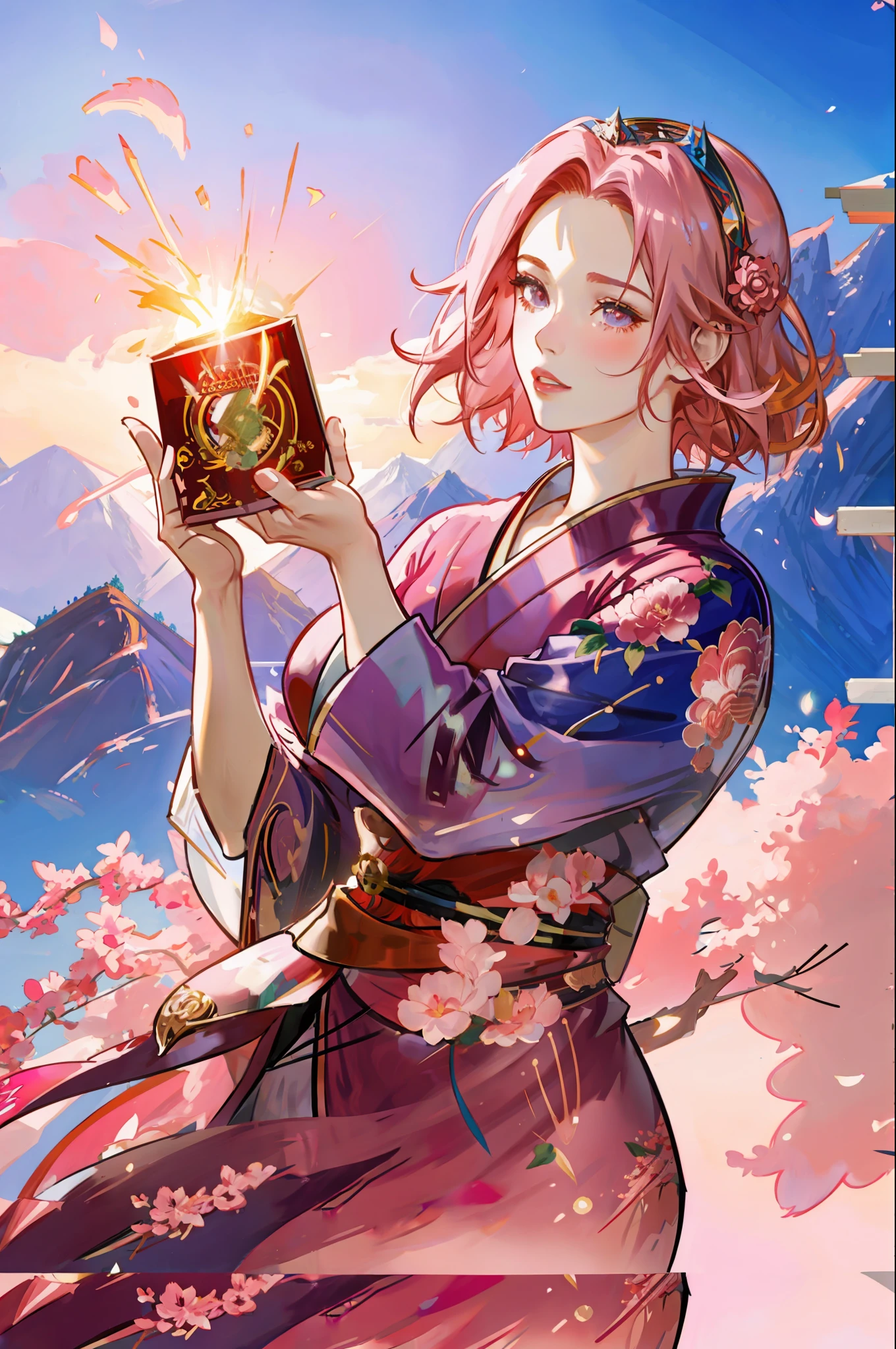 beautiful woman, standing, red kimono, forehead showing, queen, pink hair, delicate, short hair, by League of Legends, trending on artstation, by rhads, andreas Rocha, rossdraws, makoto shinkai, laurie greasley, lois van baarle, Ilya Kuvshinov and Greg Rutkowski