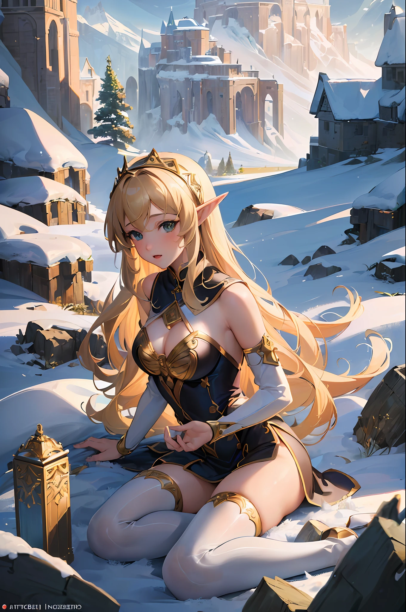 ((masterpiece)), (best quality), (best artist), (best lighting), (best performance), (Wlop), (artgerm lau), (Sandro Botticelli), (detailed landscape), (16k quality ), a young elf girl with long blonde hair, green eyes, white skin, wearing elf clothes, in a landscape of snowy mountains, cloudy and gray skies.